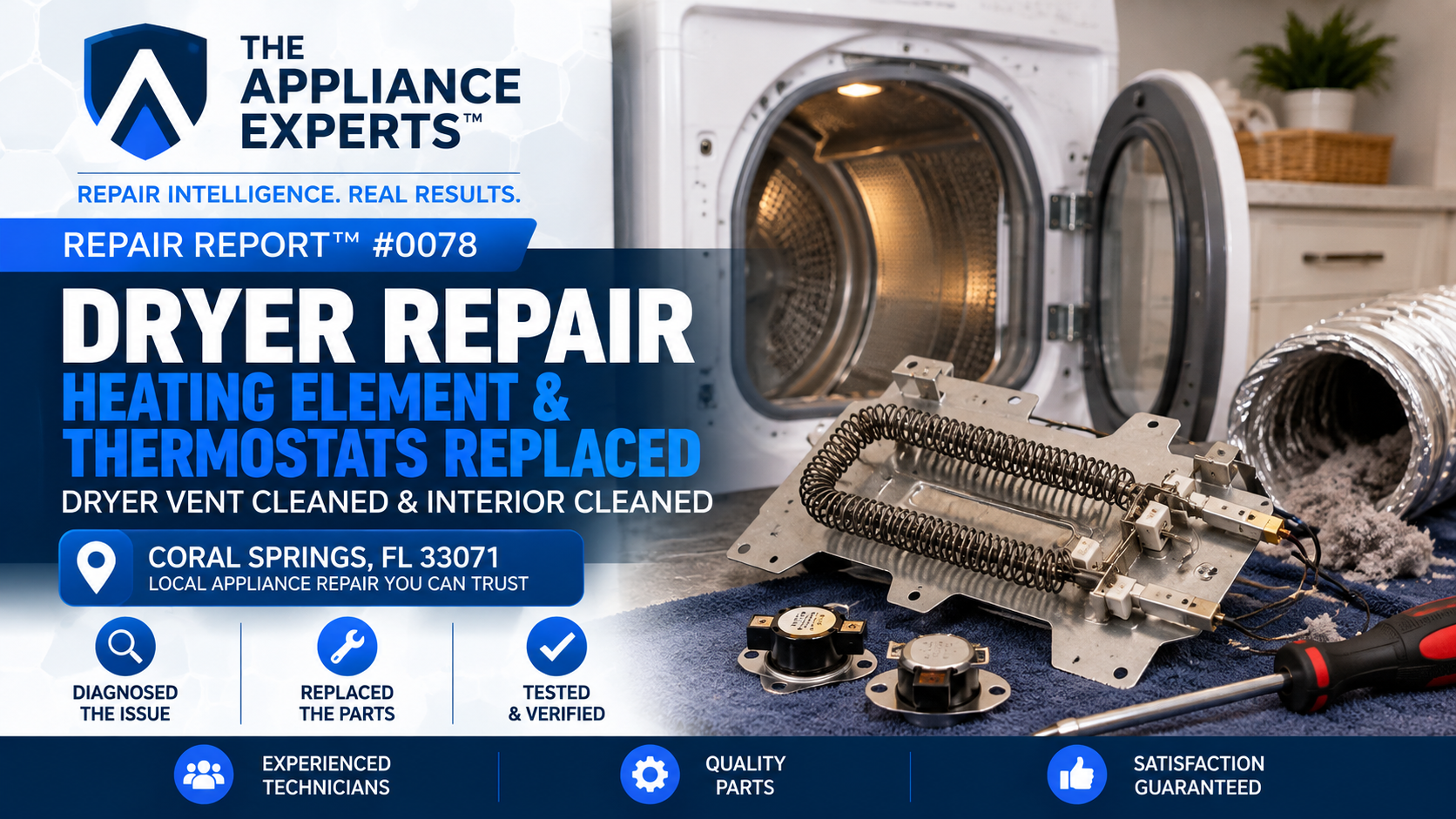 Dryer heating element and thermostat replacement with vent cleaning in Coral Springs FL RR0078