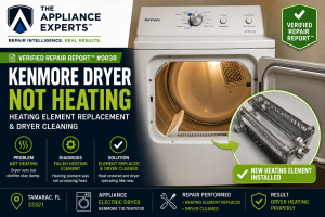 the failed heating element was replaced, the dryer was professionally cleaned, and full heating performance was restored.