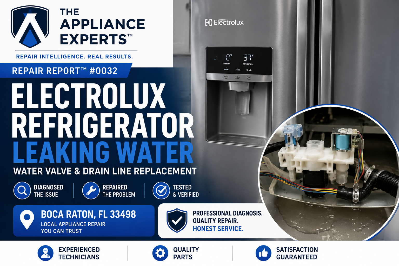 Electrolux refrigerator leaking water ice maker water valve diagnosis in Boca Raton
