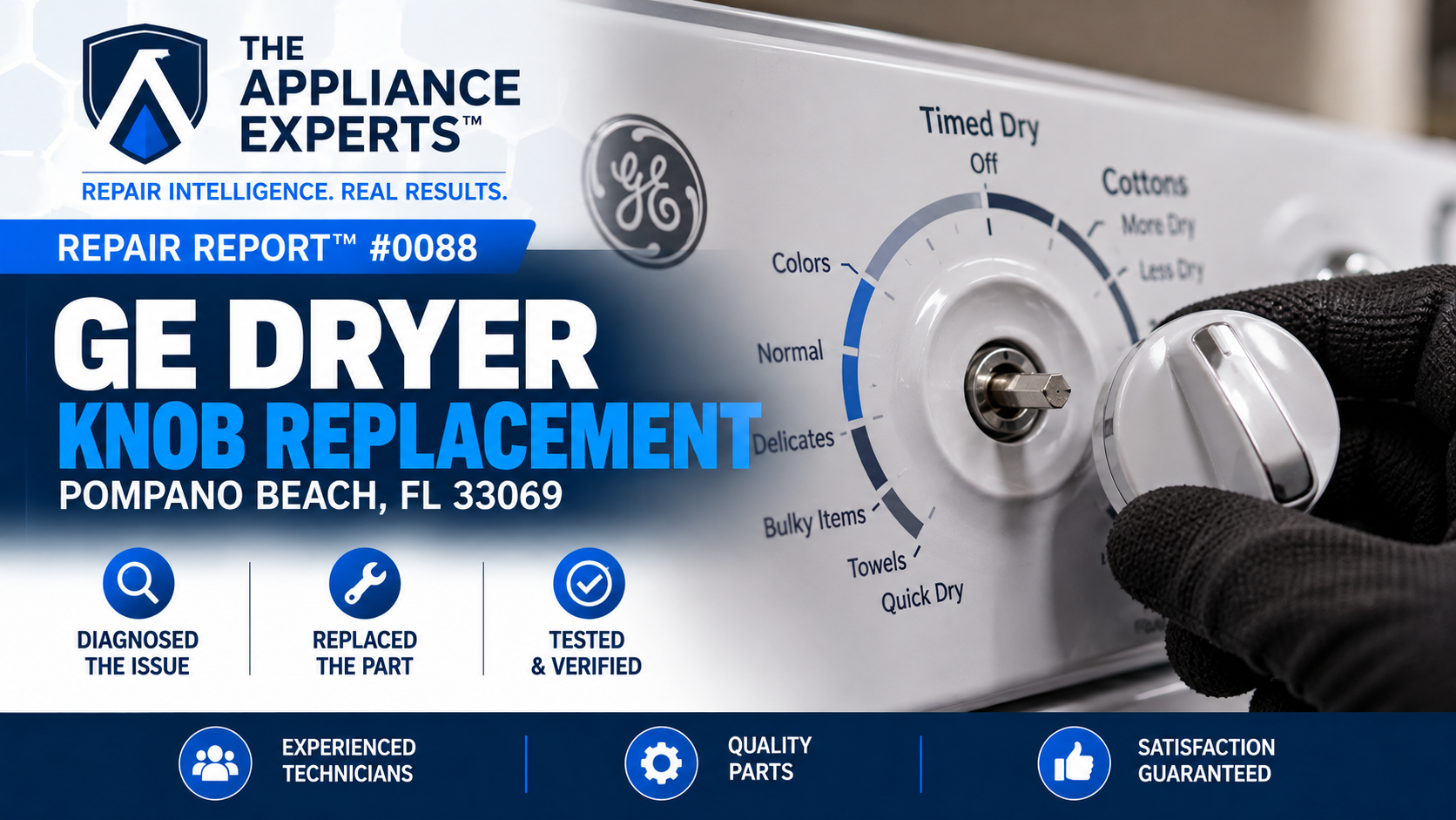 GE dryer cracked knob replacement and testing in Pompano Beach FL RR0088