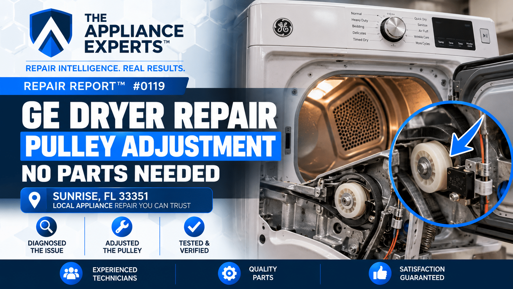 Custom hero graphic for Repair Report 0119 showing a GE dryer pulley adjustment in Sunrise, FL