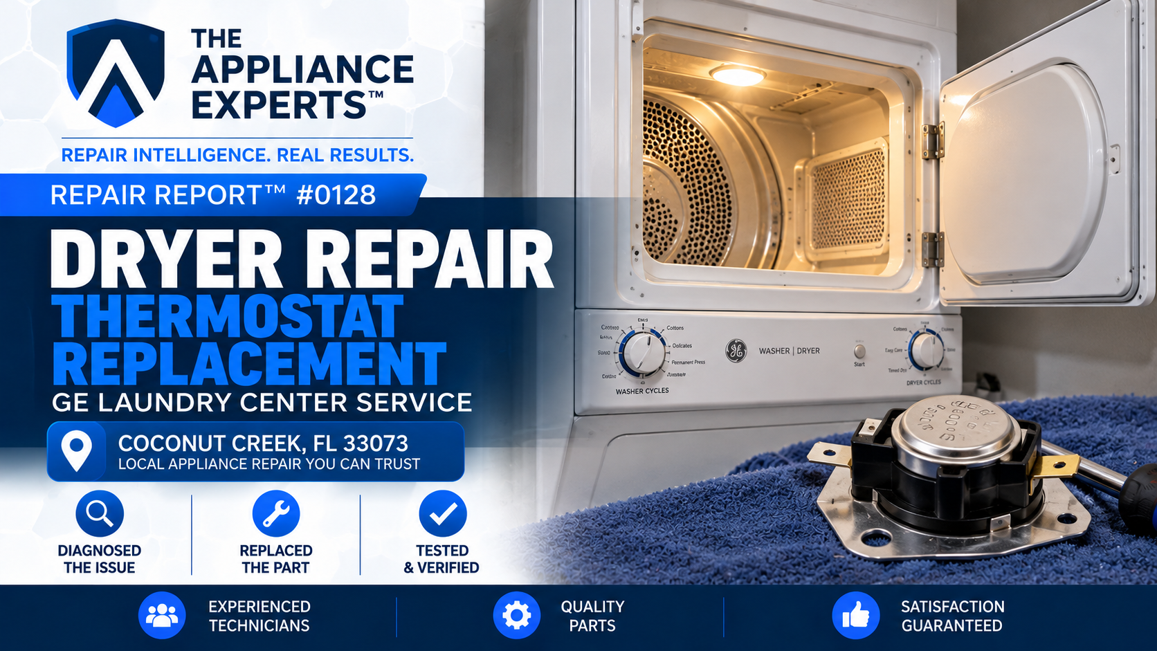 GE unitized laundry center serviced for a dryer thermostat replacement in Coconut Creek Florida