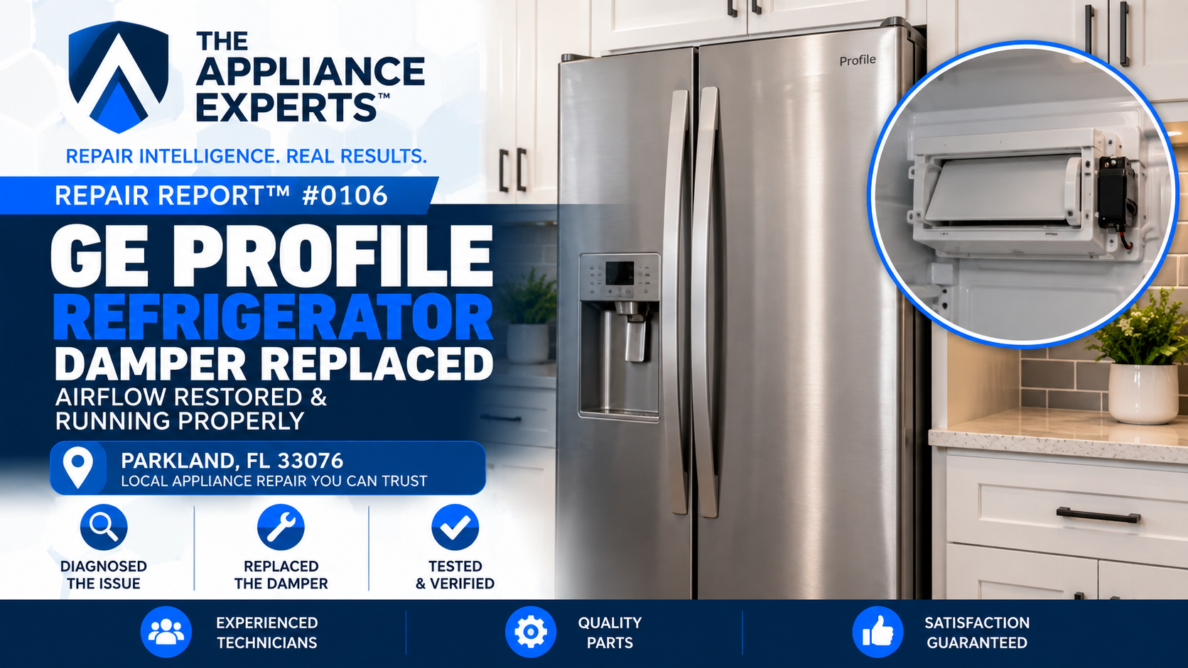 GE Profile PSB48YSKCSS built-in refrigerator airflow damper replacement and repair in Parkland FL RR0106