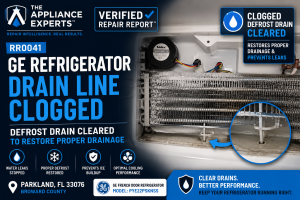 GE refrigerator clogged defrost drain repair in Parkland