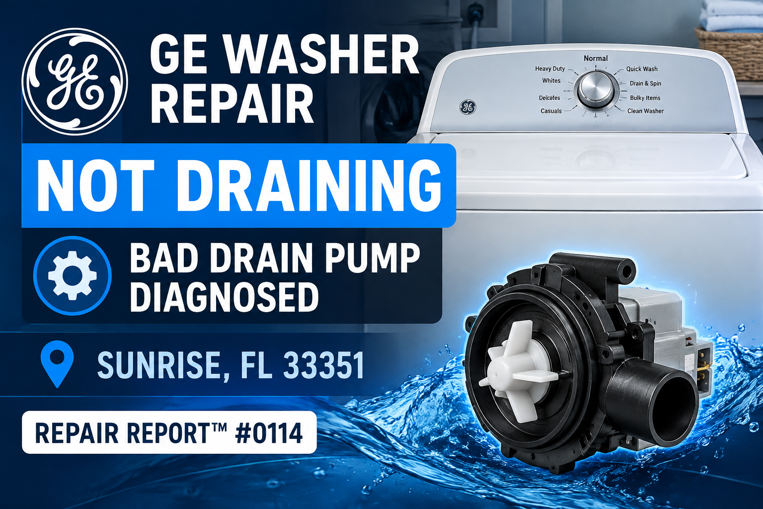 Custom hero graphic for Repair Report 0114 showing a GE top-load washer and a replacement drain pump in Sunrise, FL