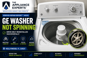 The technician inspected the GE washer and found that the drive belt had come off the pulley system, preventing the basket from spinning properly.