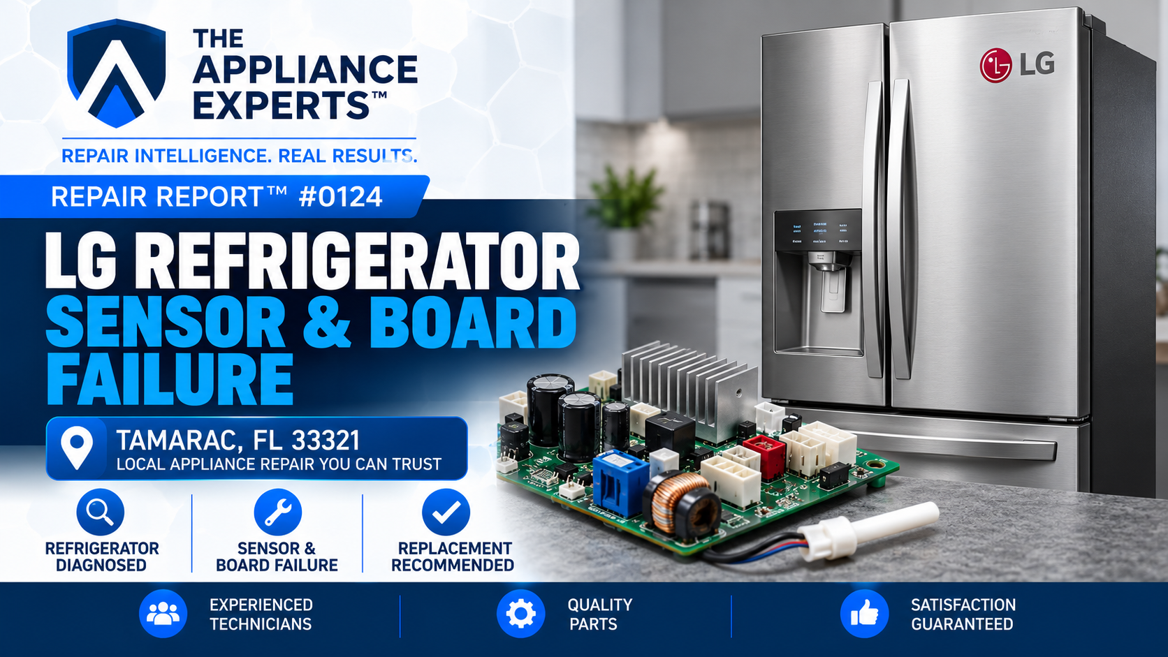 Custom hero graphic for Repair Report 0124 showing an LG refrigerator sensor and board diagnosis in Tamarac, FL