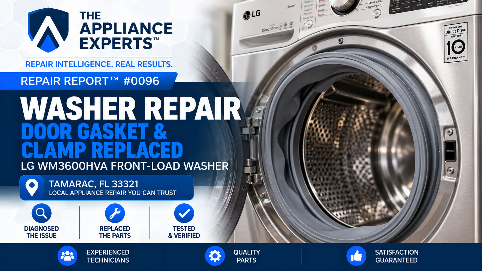 LG WM3600HVA front-load washer door gasket and clamp repair service in Tamarac FL RR0096