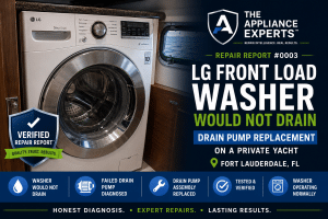 LG front load washer would fill with water normally but would not drain at the end of the wash cycle. Water remained inside the drum, preventing the cycle from completing.