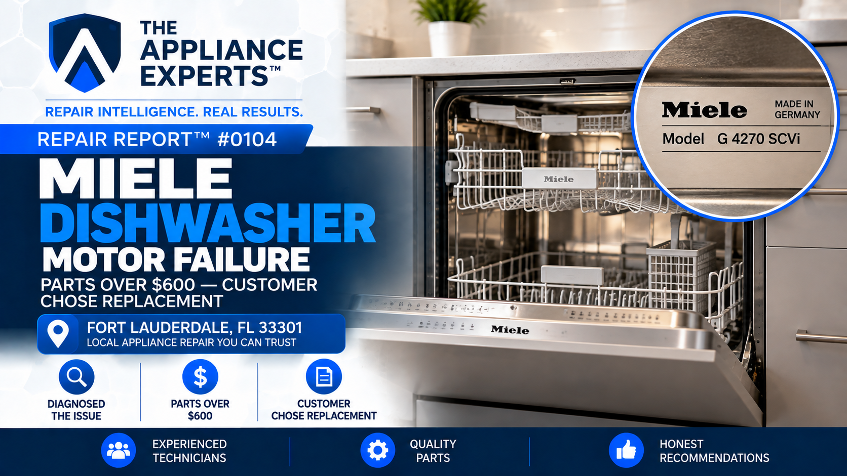 Miele G 4270 SCVi dishwasher motor failure diagnosis and repair quote in Fort Lauderdale FL RR0104