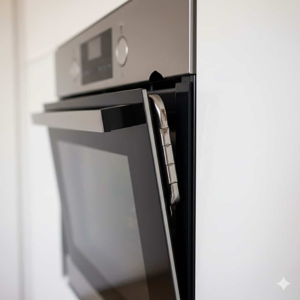 Oven door visibly sagging and crooked due to damaged or unsprung hinges.