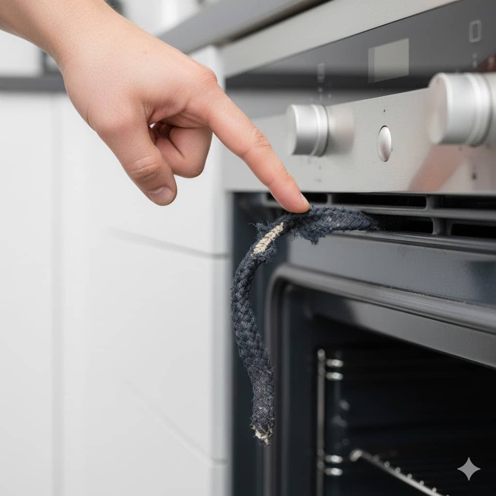 Close-up of a damaged, brittle, or torn oven door seal (gasket) that needs replacement.