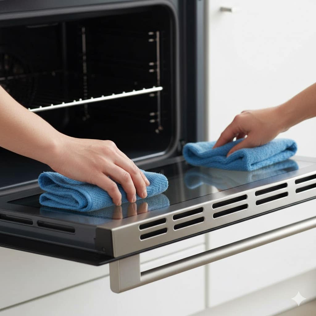DIY fix showing hands placing folded rags on oven door hinges to reset the spring tension.
