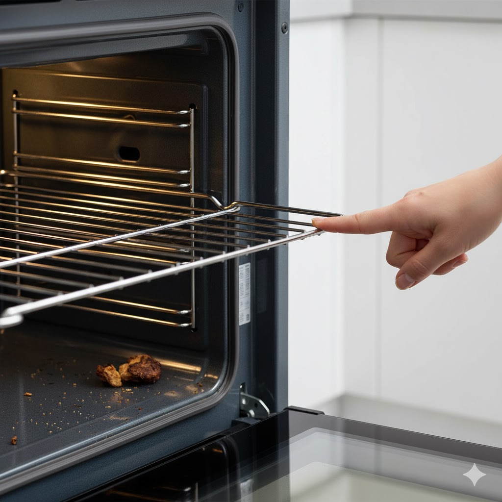 Hands clearing food crumbs and checking for oven rack obstructions near the door frame.