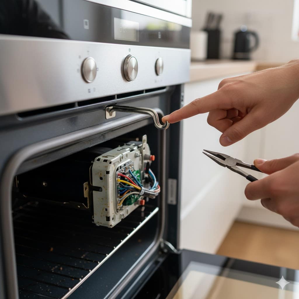 Technician or DIYer inspecting the exposed oven door lock assembly and wiring harness.