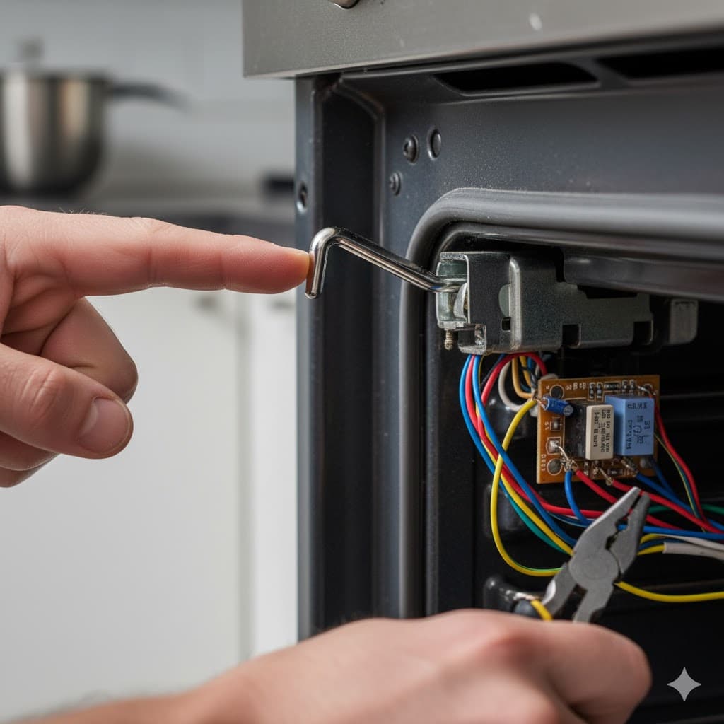 Close-up of a stuck oven door safety latch hook preventing the door from fully closing.
