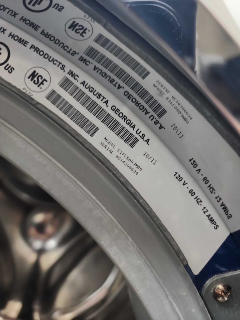 Electrolux Washer model tag