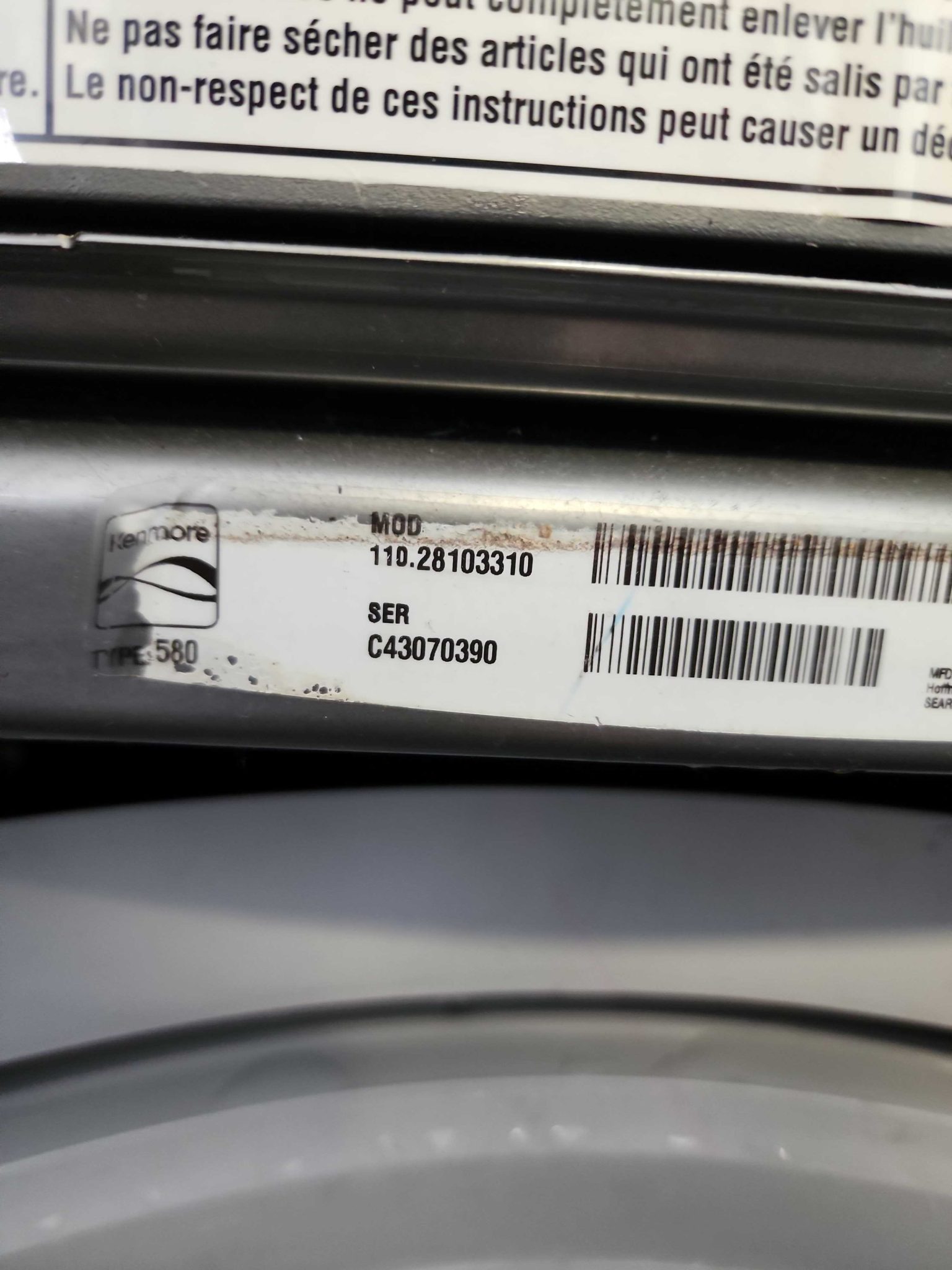 Kenmore Washer Model 110.28103310 tag