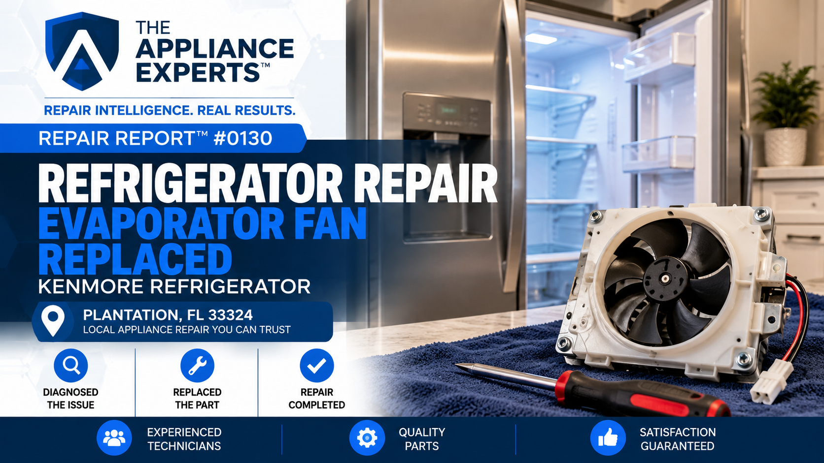 Kenmore refrigerator serviced for an evaporator fan replacement in Plantation Florida