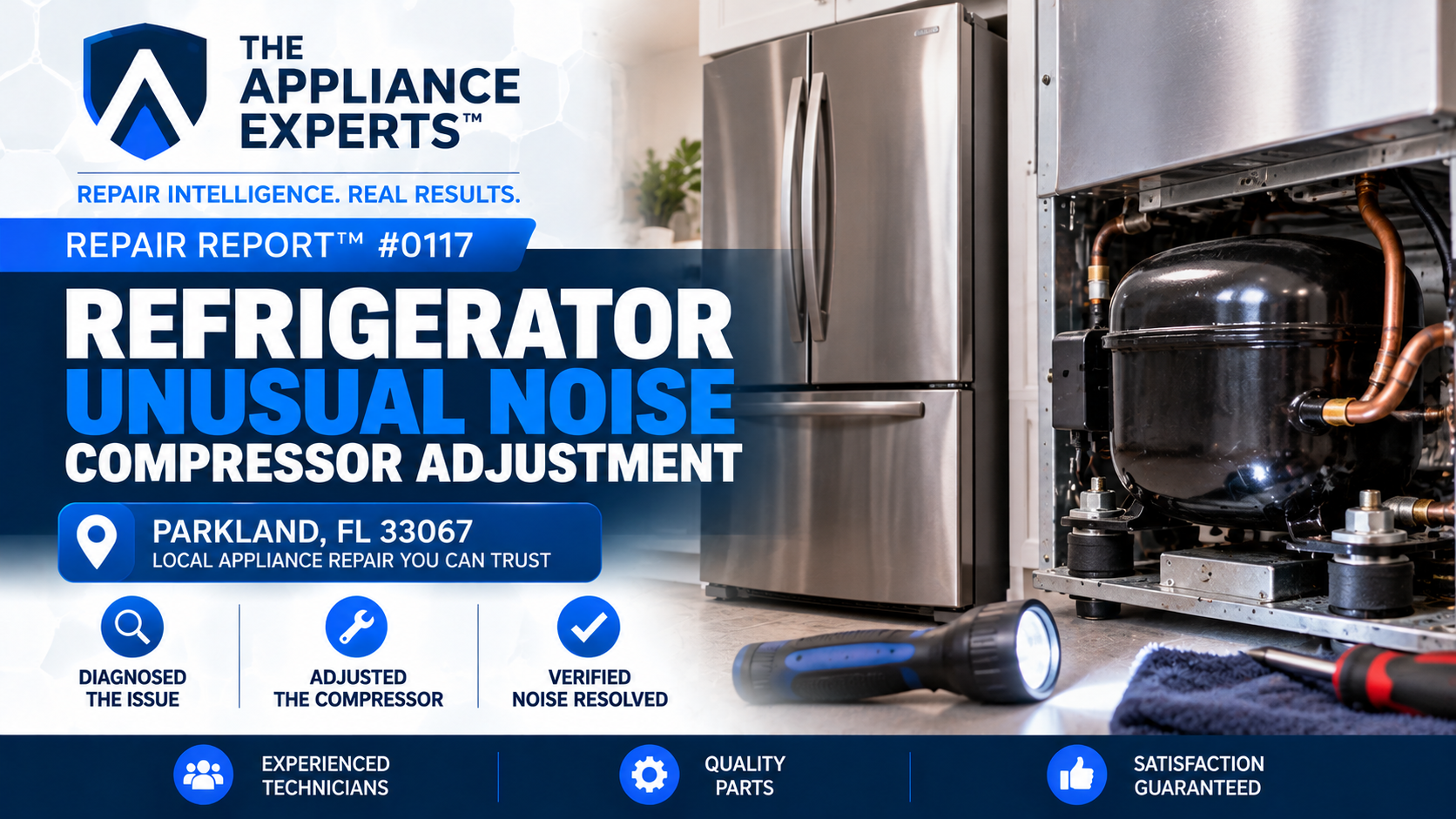 Custom hero graphic for Repair Report 0117 showing a refrigerator compressor adjustment for an unusual noise in Parkland, FL
