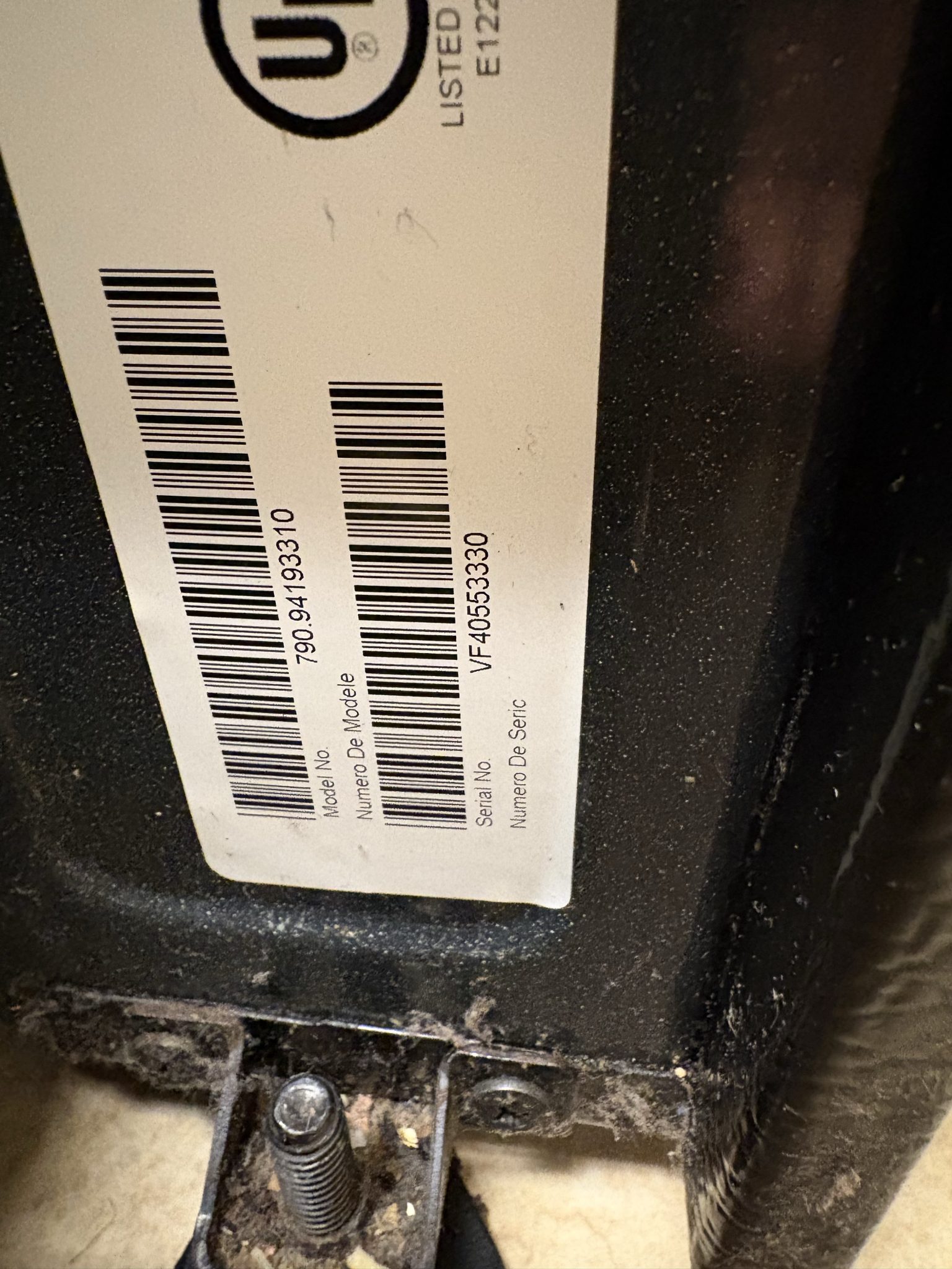 Kenmore Range Model Tag