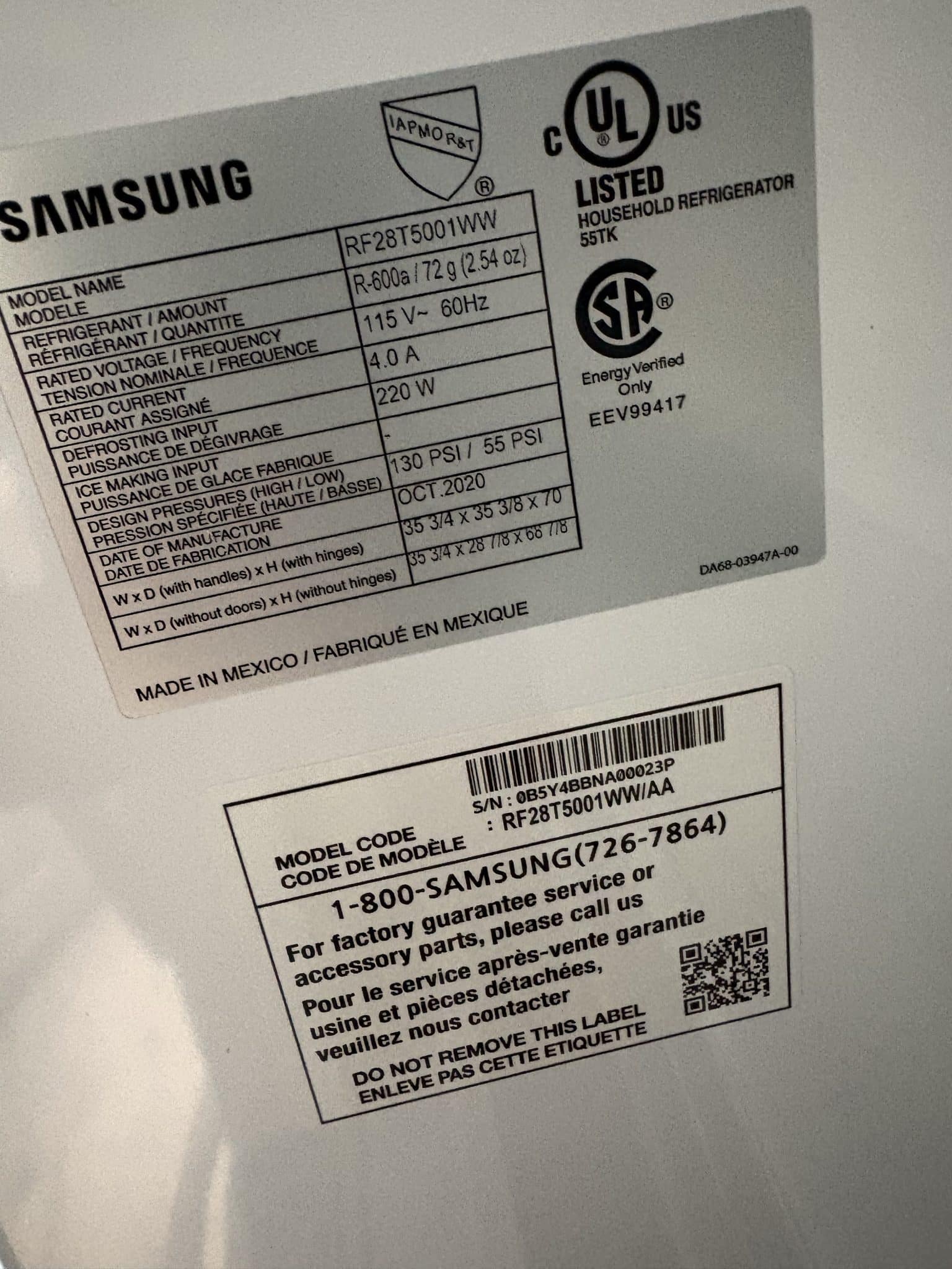Samsung RF28T5001WW refrigerator model tag from a control board repair in Coconut Creek, Florida 33066