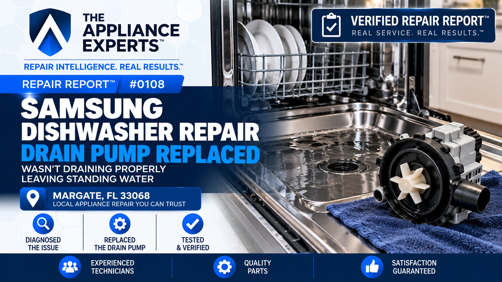 Samsung DW80R5061UG dishwasher drain pump replacement and diagnosis in Margate FL RR0108