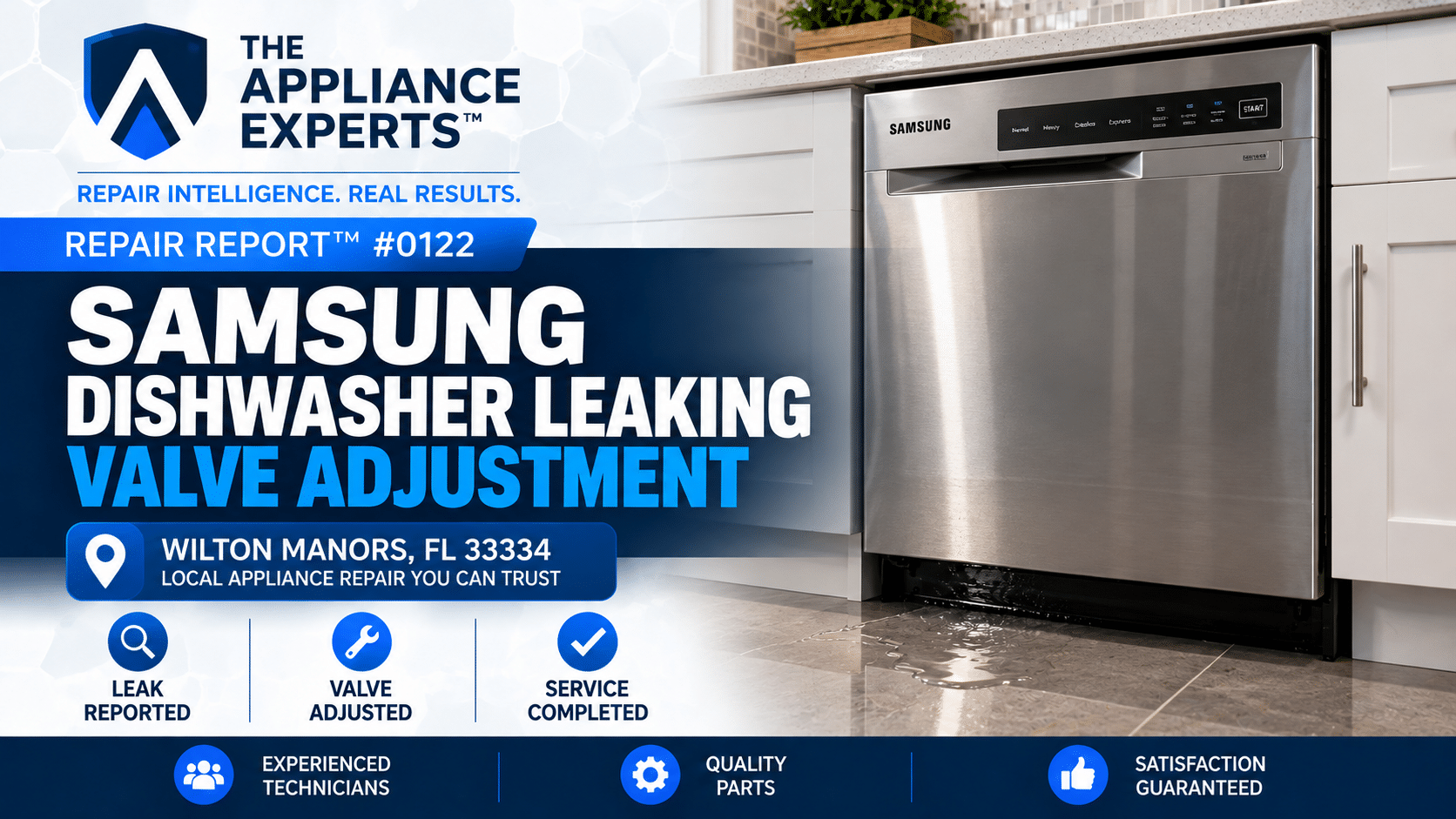 Custom hero graphic for Repair Report 0122 showing a Samsung dishwasher leaking valve adjustment in Wilton Manors, FL