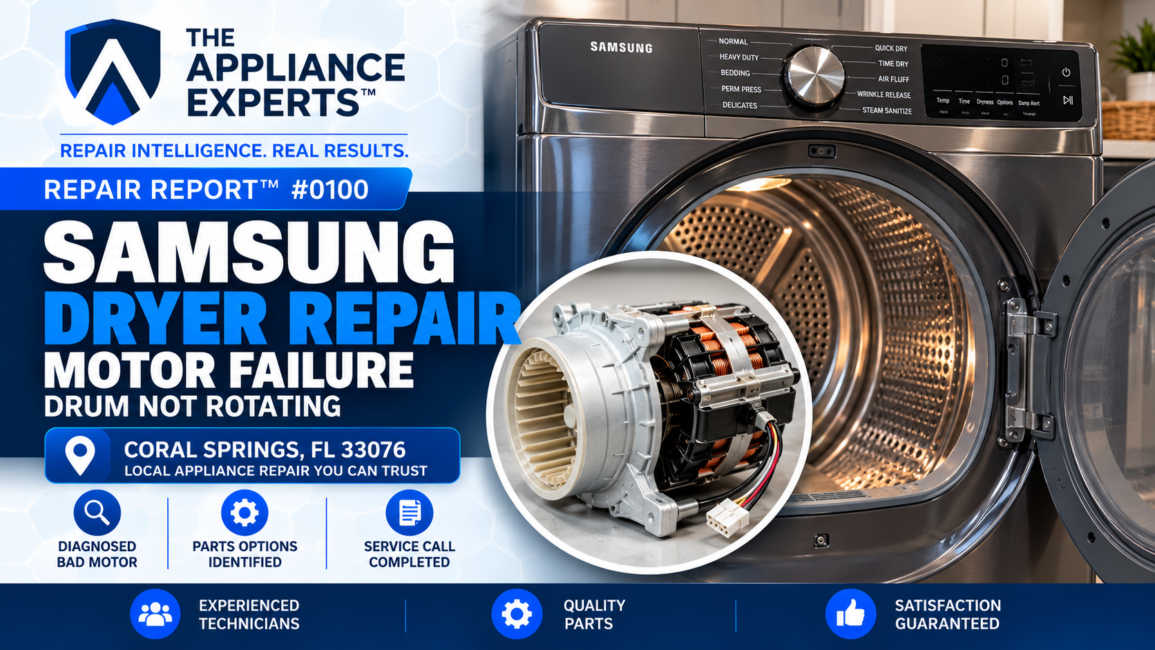 Samsung DVE45B6300P dryer motor failure diagnosis and blower assembly options in Coral Springs FL RR0100
