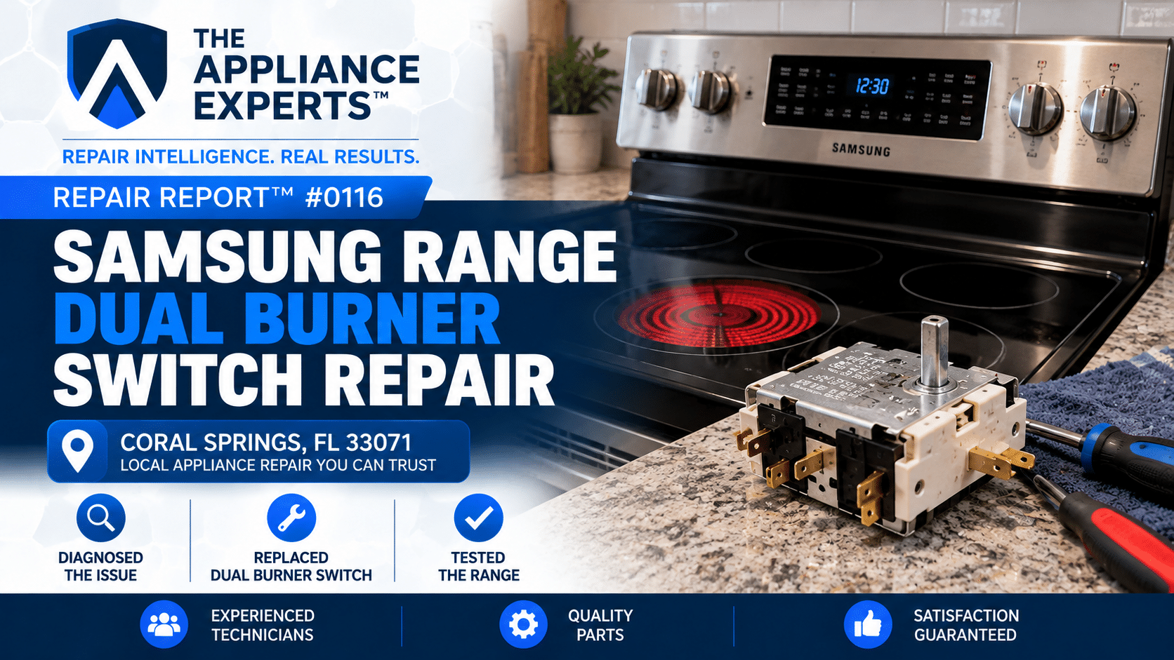 Custom hero graphic for Repair Report 0116 showing a Samsung range dual burner switch repair in Coral Springs, FL