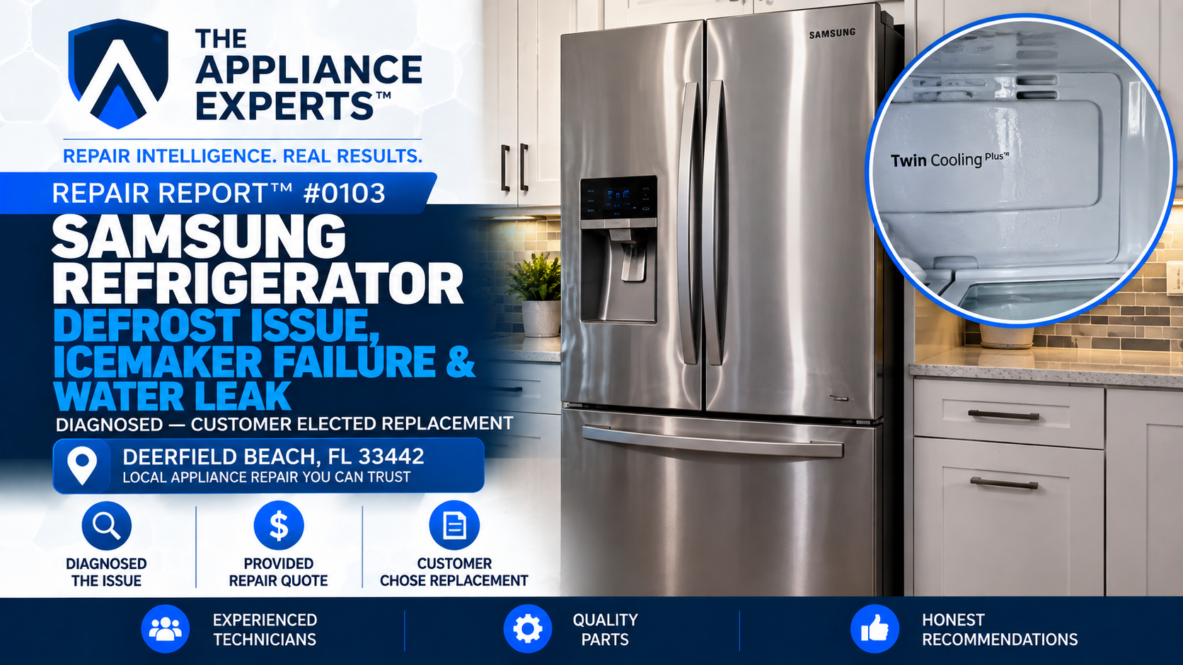 Samsung RF263TEAESG refrigerator defrost issue, icemaker failure, and water leak diagnosis in Deerfield Beach FL RR0103