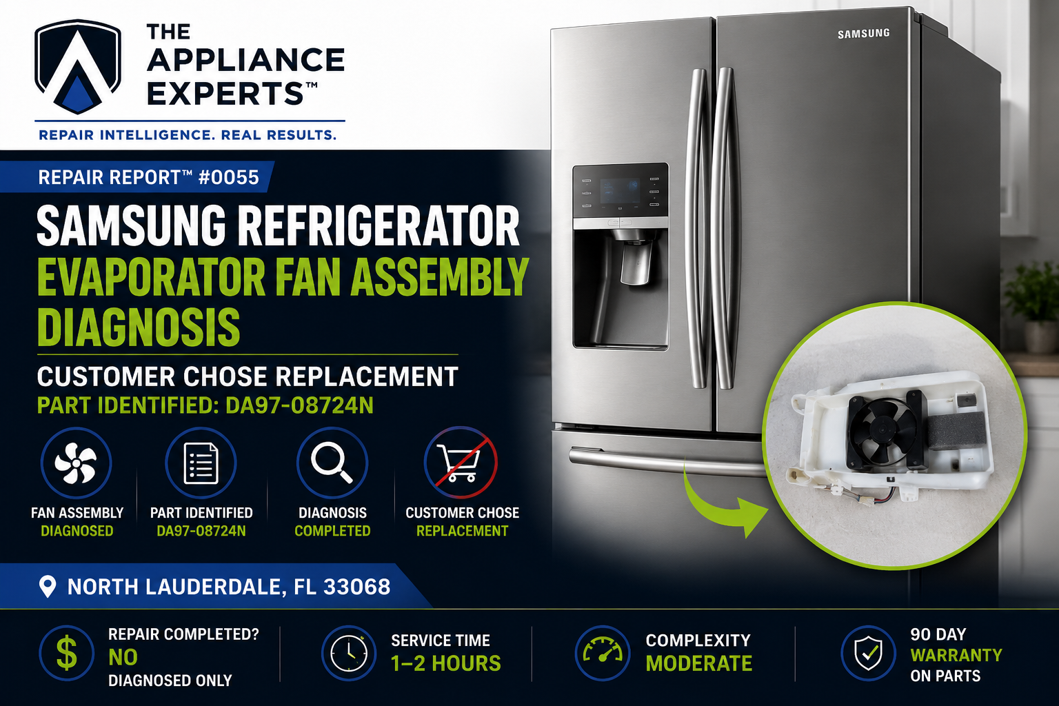 Samsung refrigerator evaporator fan assembly diagnosis in North Lauderdale FL RR0054