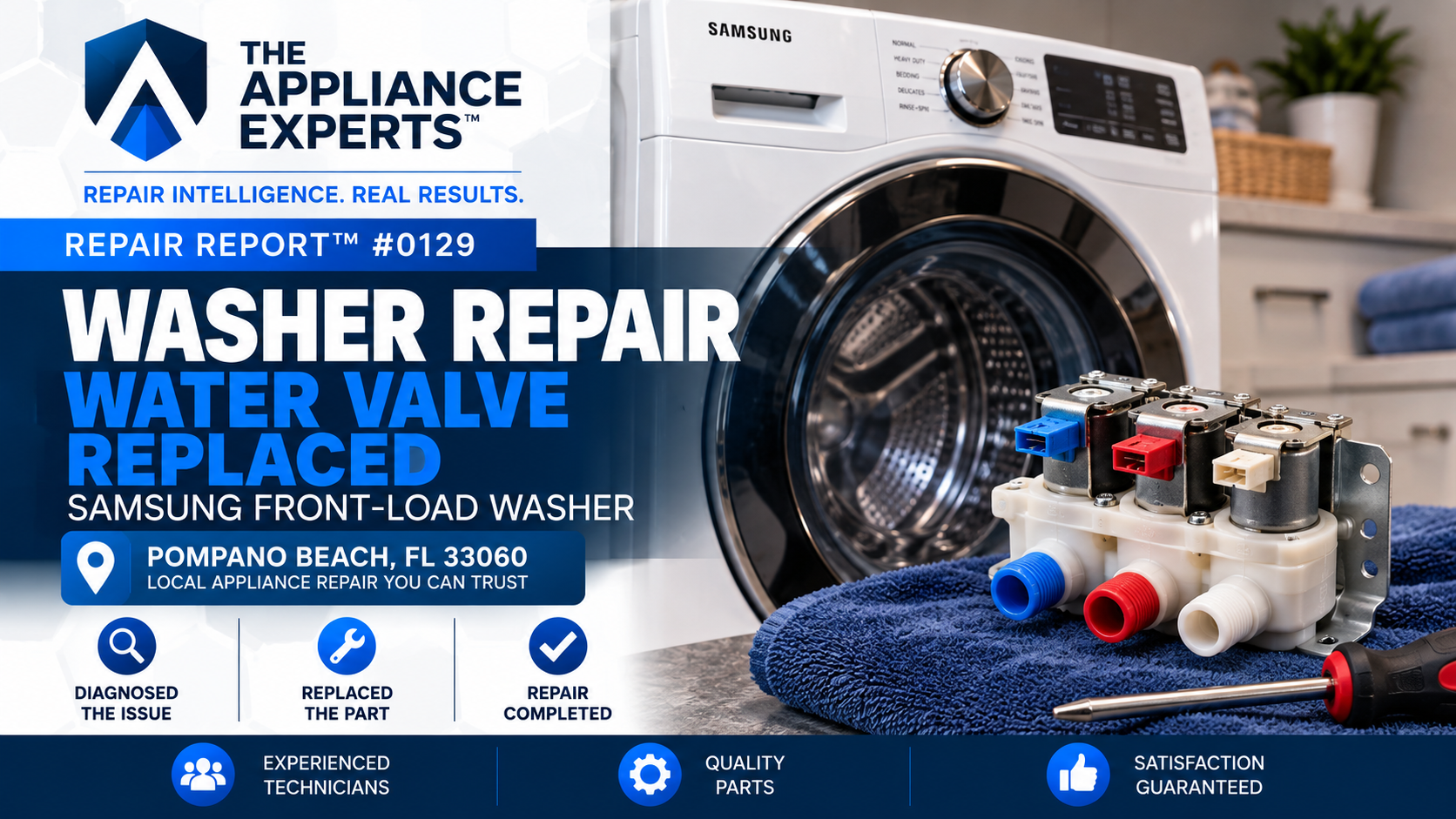 Samsung front-load washer serviced for a water valve replacement in Pompano Beach Florida