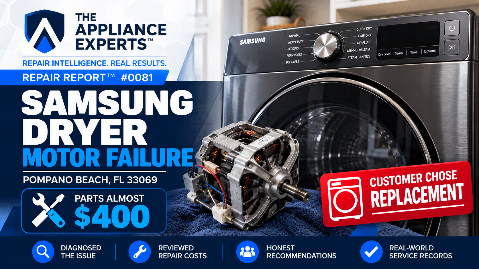 Samsung dryer bad motor diagnosis and repair evaluation in Pompano Beach FL RR0081