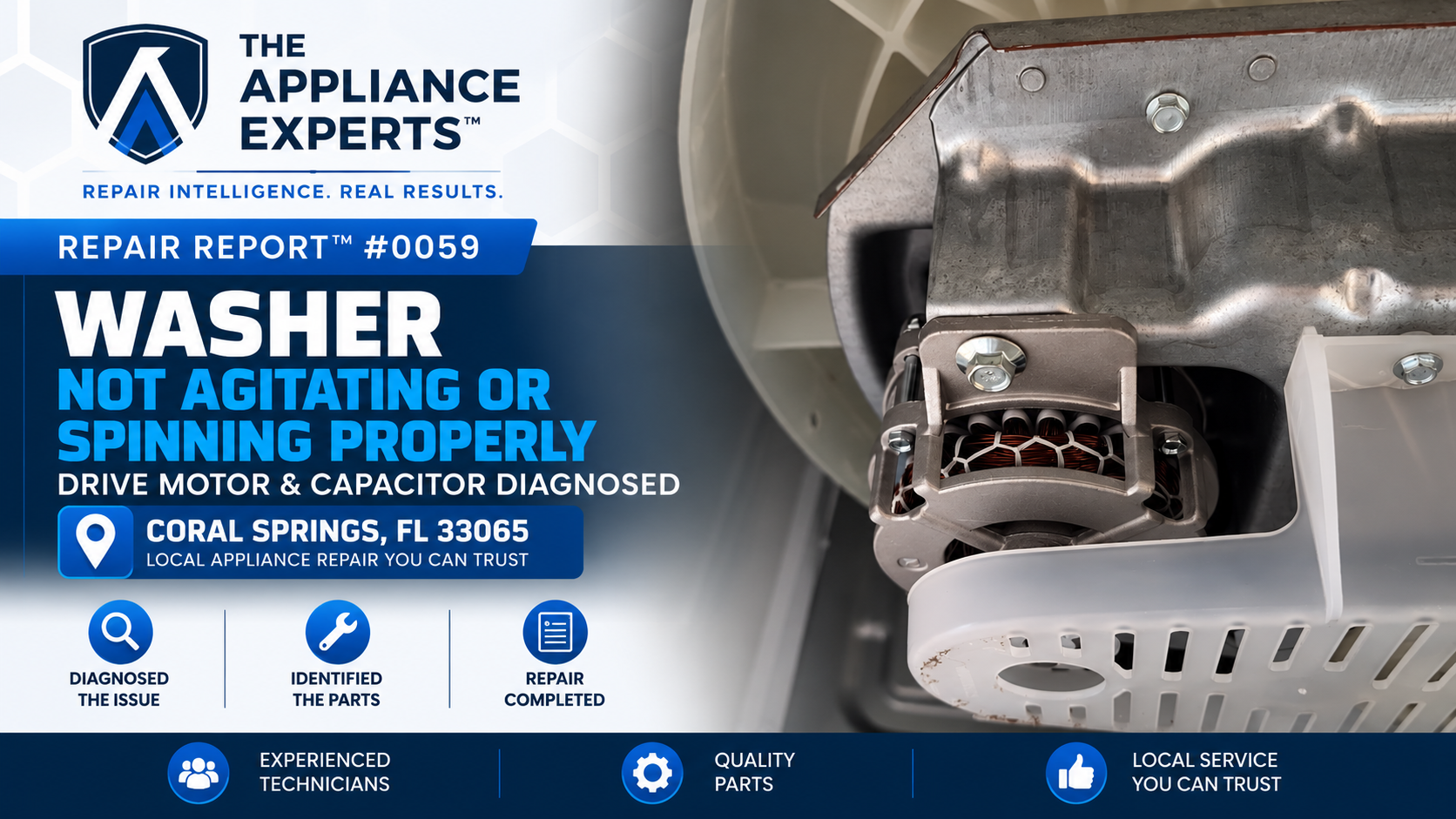 Washer not agitating or spinning properly drive motor and capacitor diagnosis in Coral Springs FL RR0059.