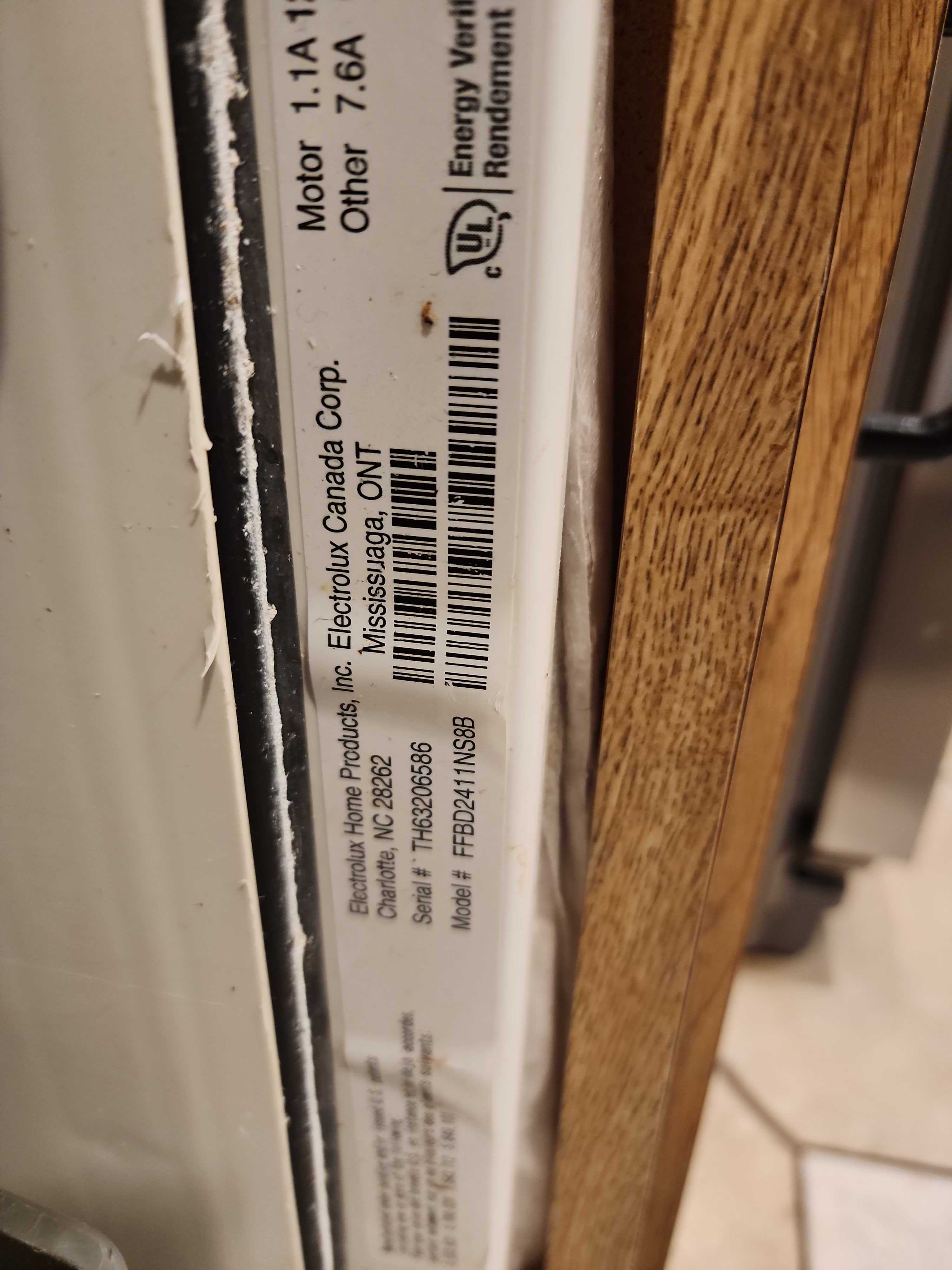 Electrolux FFBD2411NS8B dishwasher model tag Margate FL RR0094