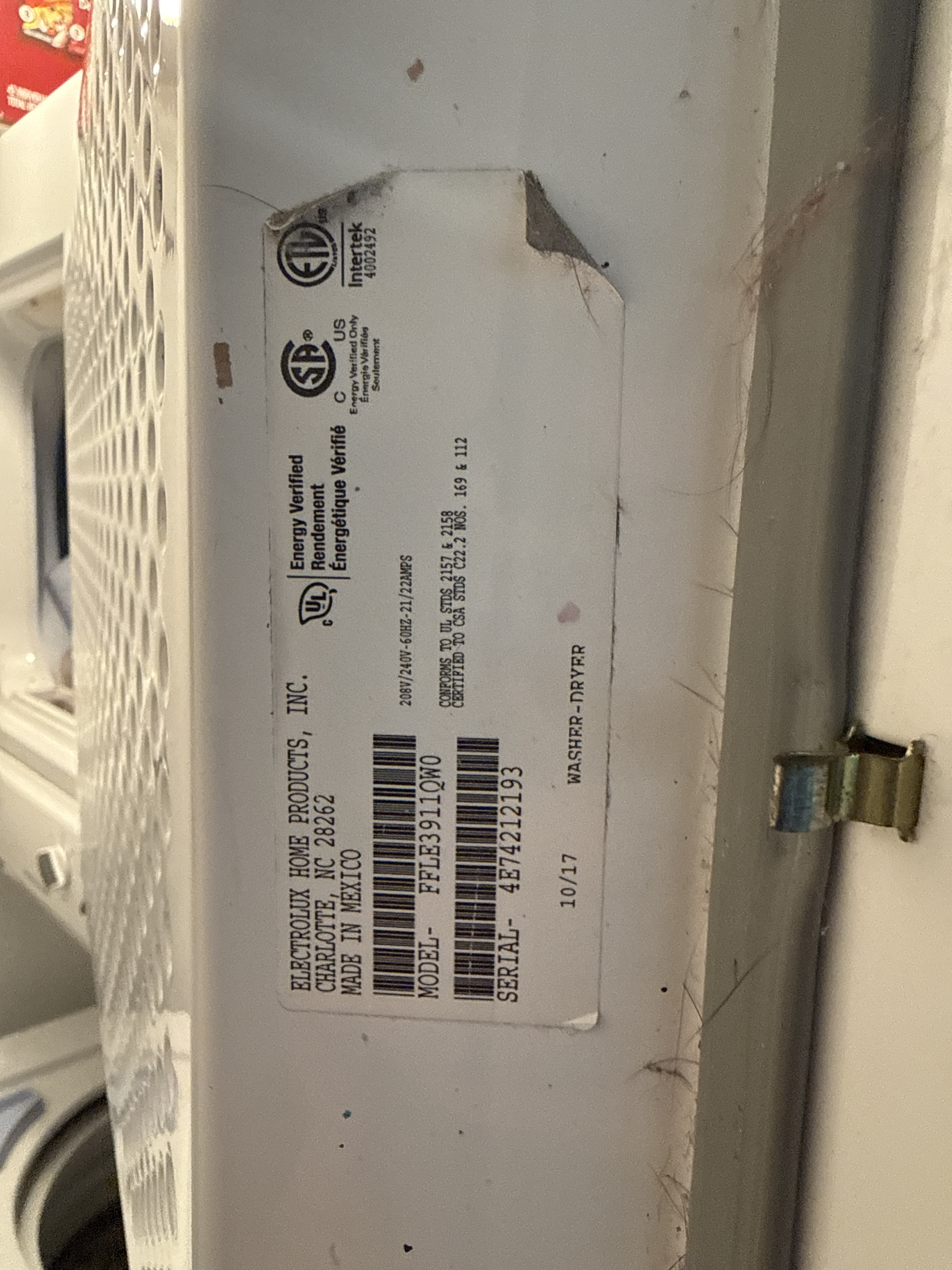 Electrolux FFLE3911QW0 laundry center manufacturer model tag Lauderhill FL RR0098