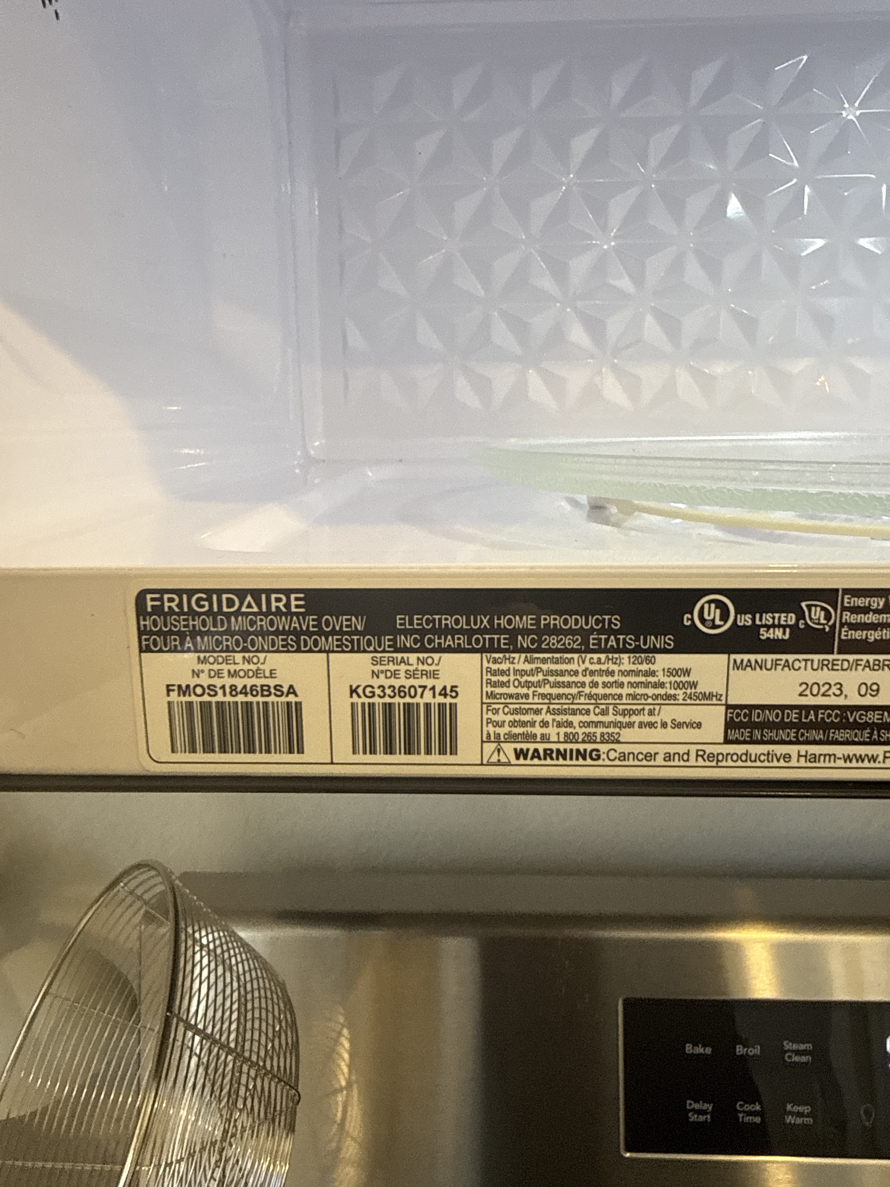 Frigidaire FMOS1846BSA over-the-range microwave model tag Coral Springs FL RR0089