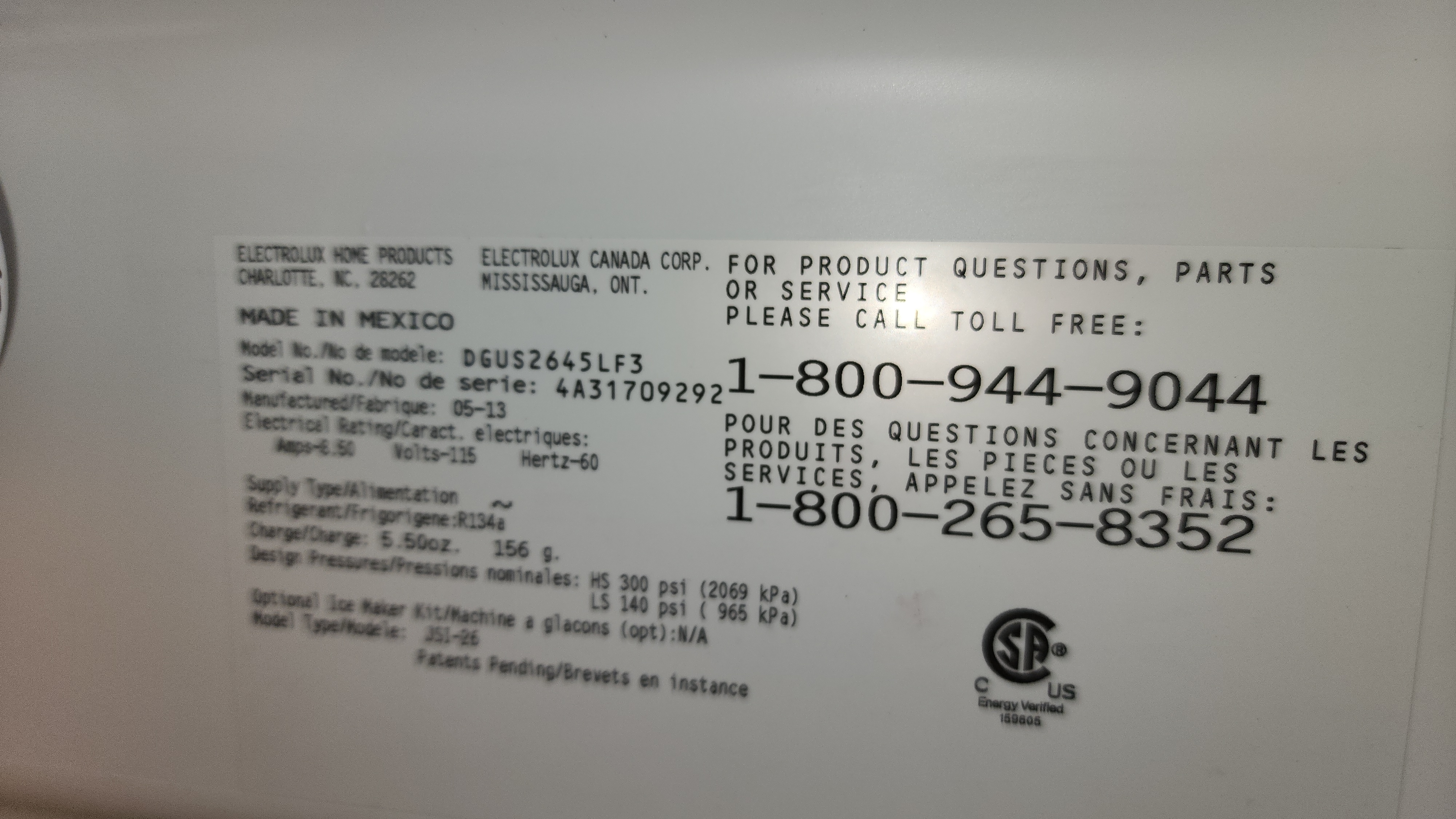 Frigidaire DGUS2645LF3 side-by-side refrigerator model tag Coconut Creek FL RR0080