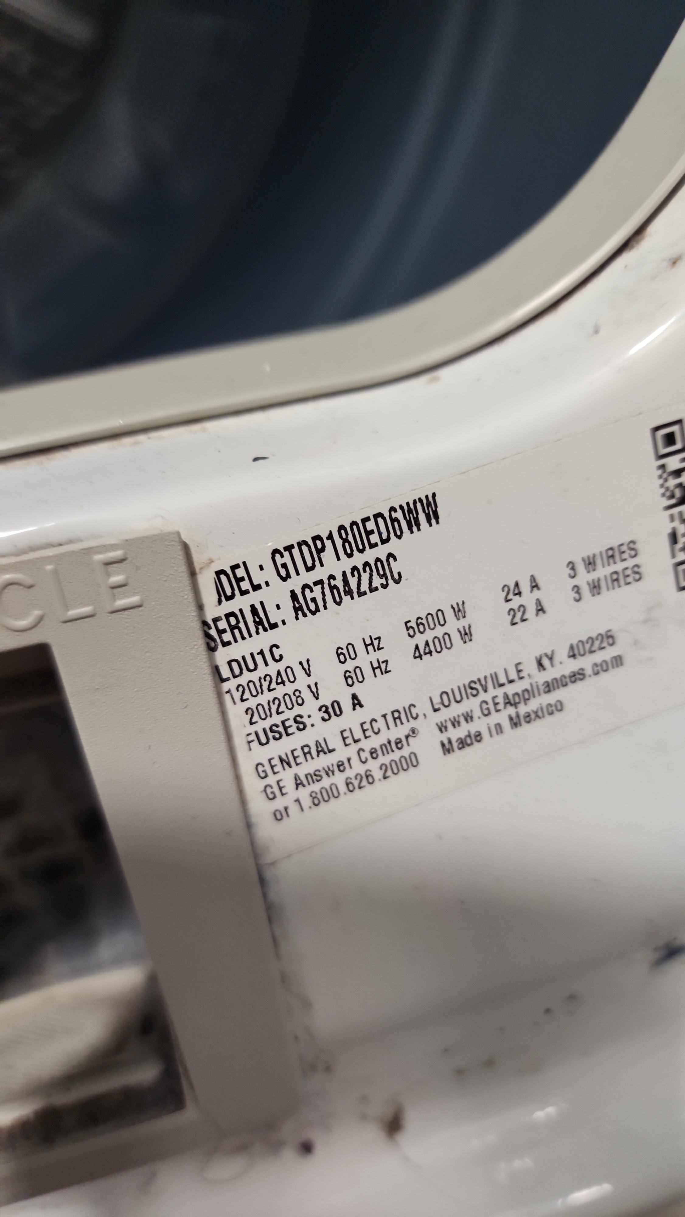 GE GTDP180ED6WW electric dryer model tag Sunrise Florida repair