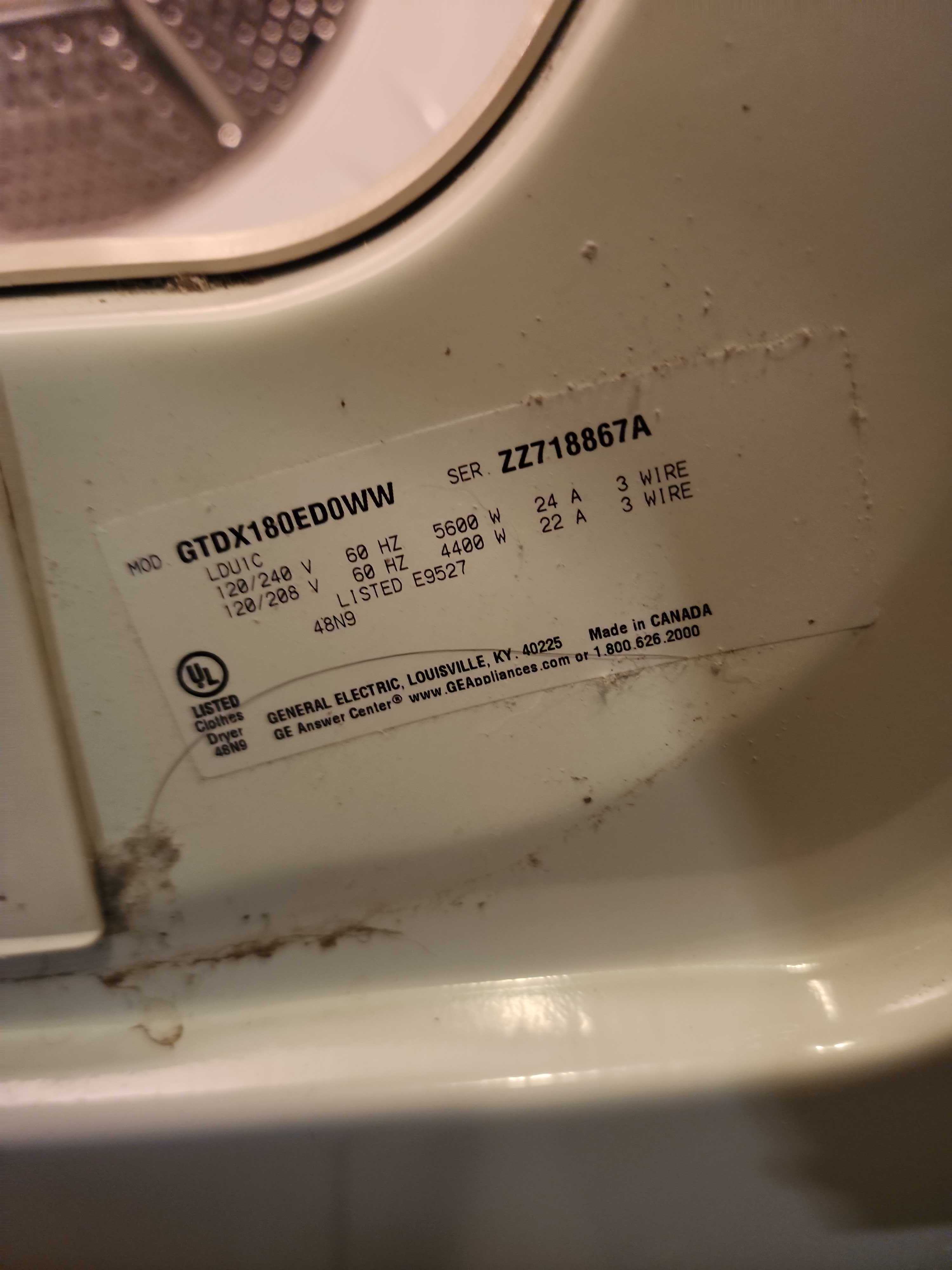 GE GTDX180ED0WW electric dryer model tag Pompano Beach FL RR0088