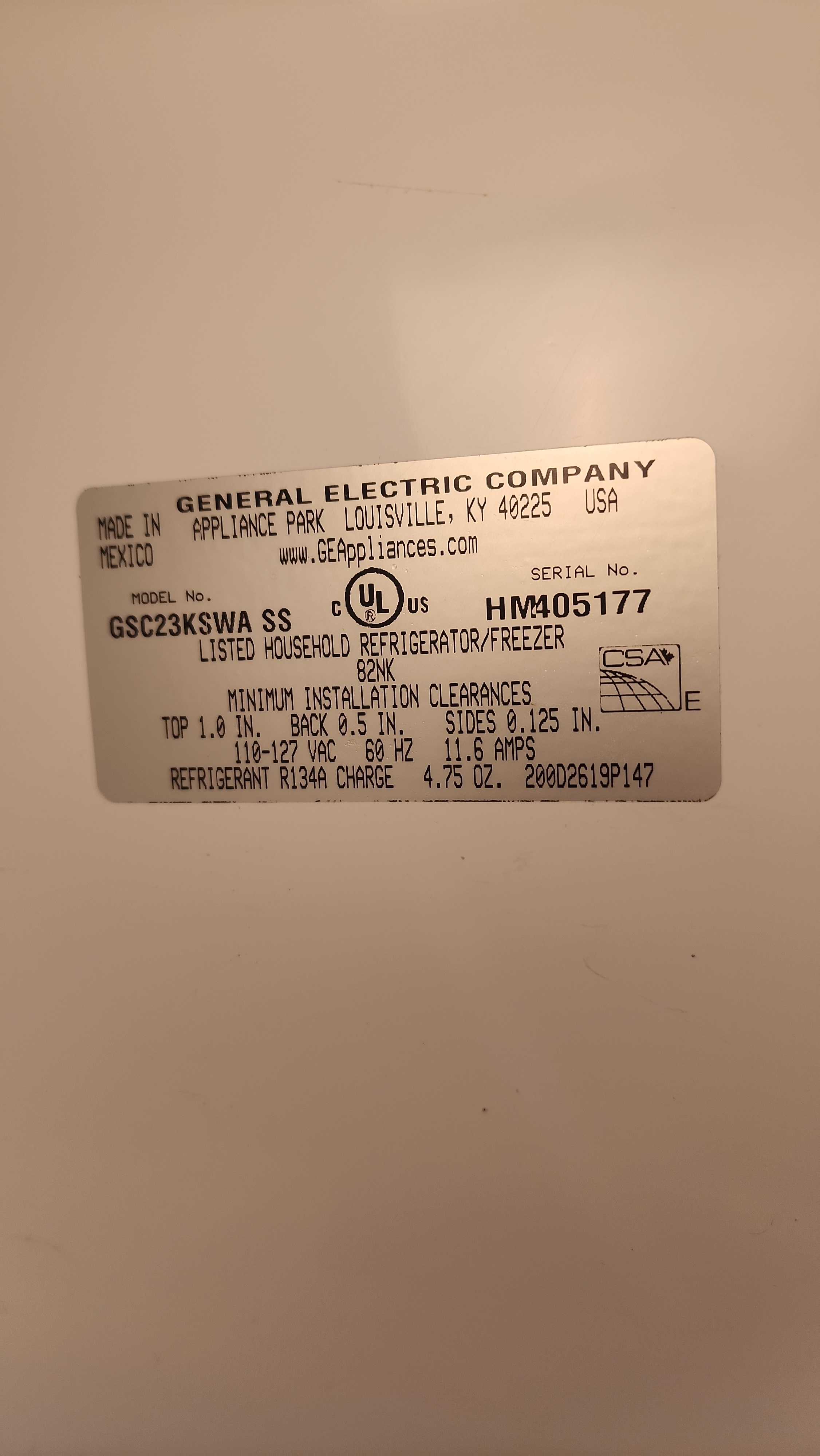 GE GSC23KSWASS side-by-side refrigerator manufacturer model tag Margate FL RR0099