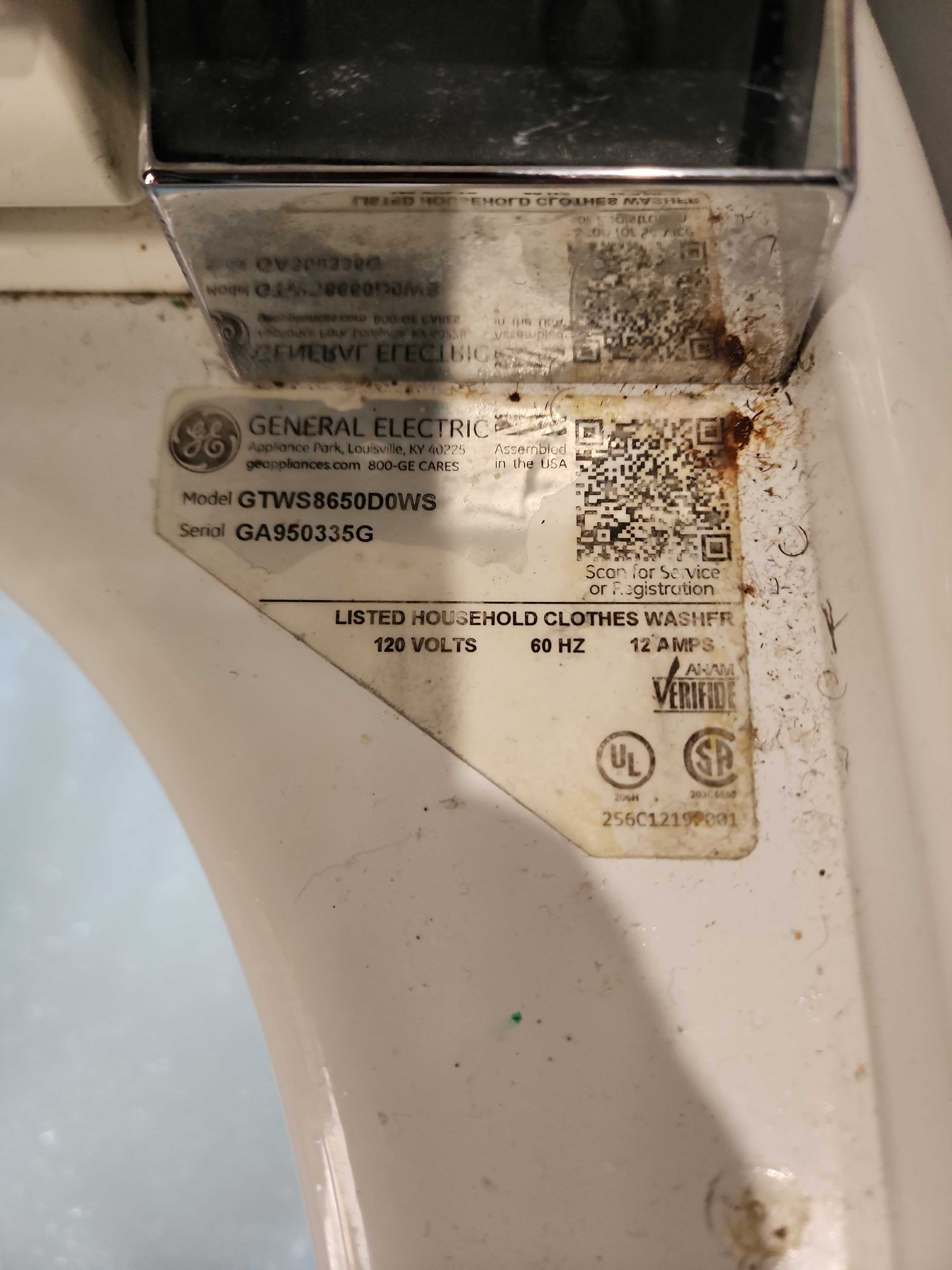 GE GTWS8650D0WS washer model tag Margate FL RR0087