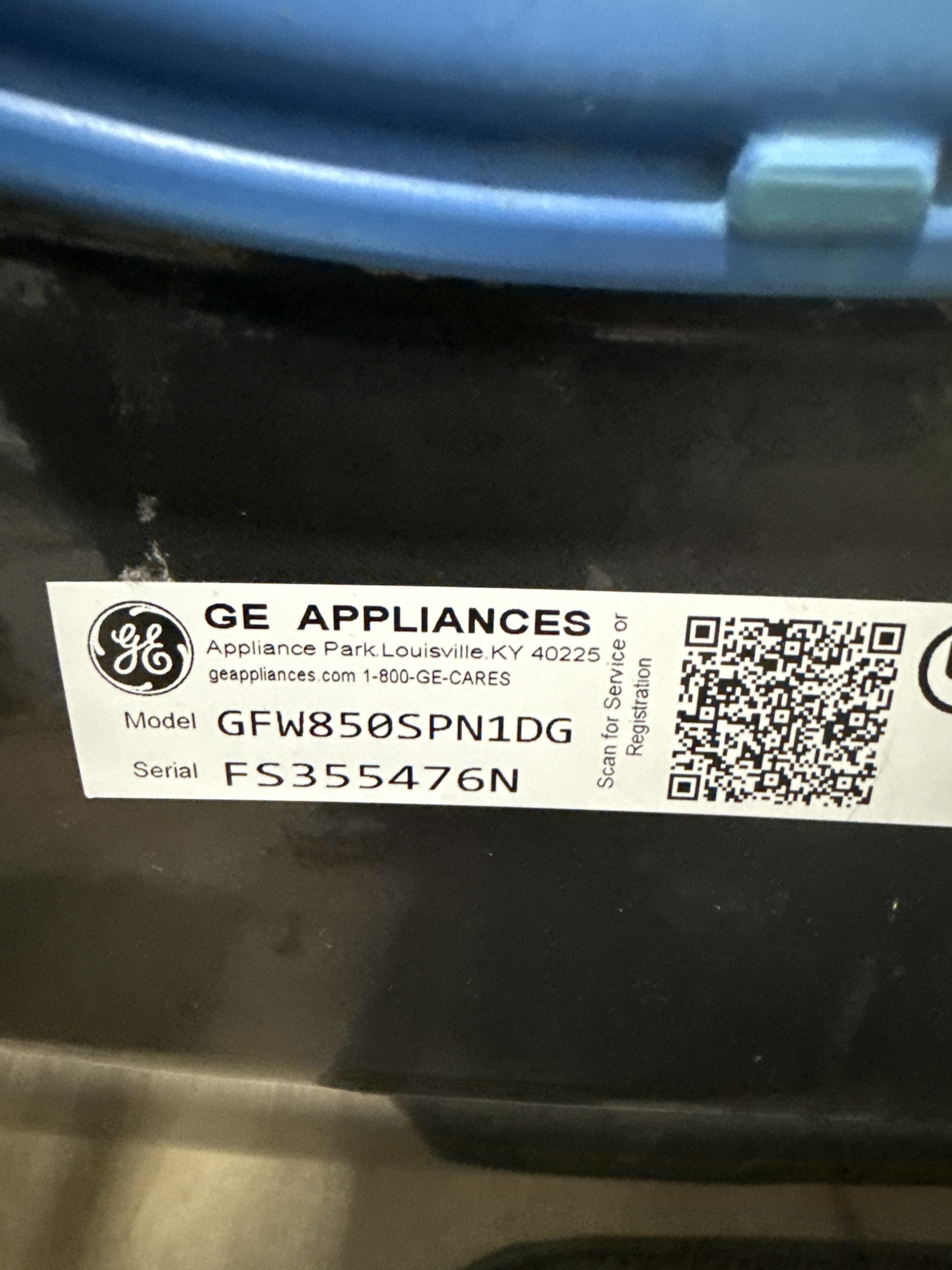 GE washer model GFW850SPN1DG serial FS355476N identification label from Margate FL repair
