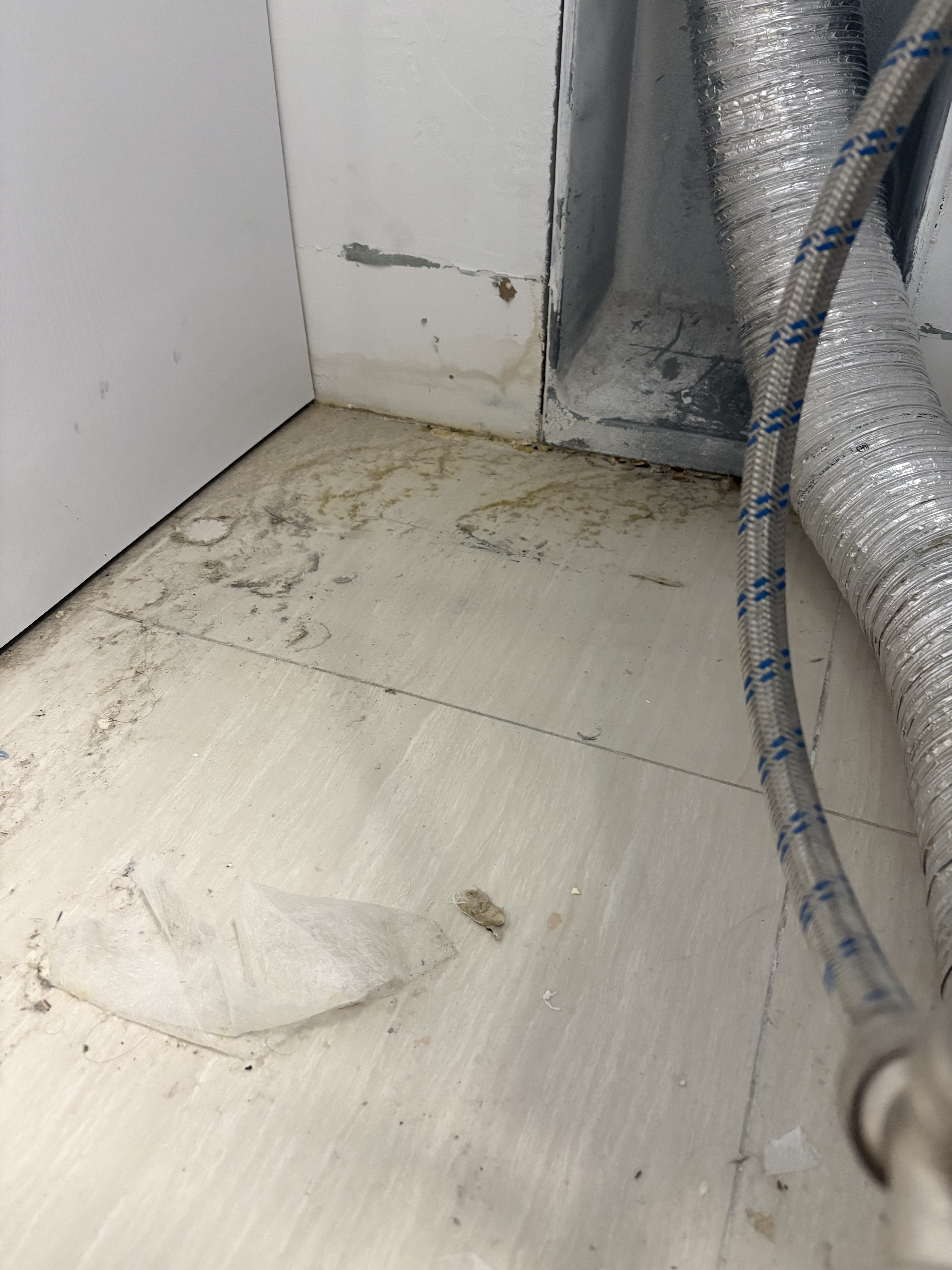 Wall recess and floor area behind GE washing machine inspected for possible leak in Boca Raton FL RR0065.