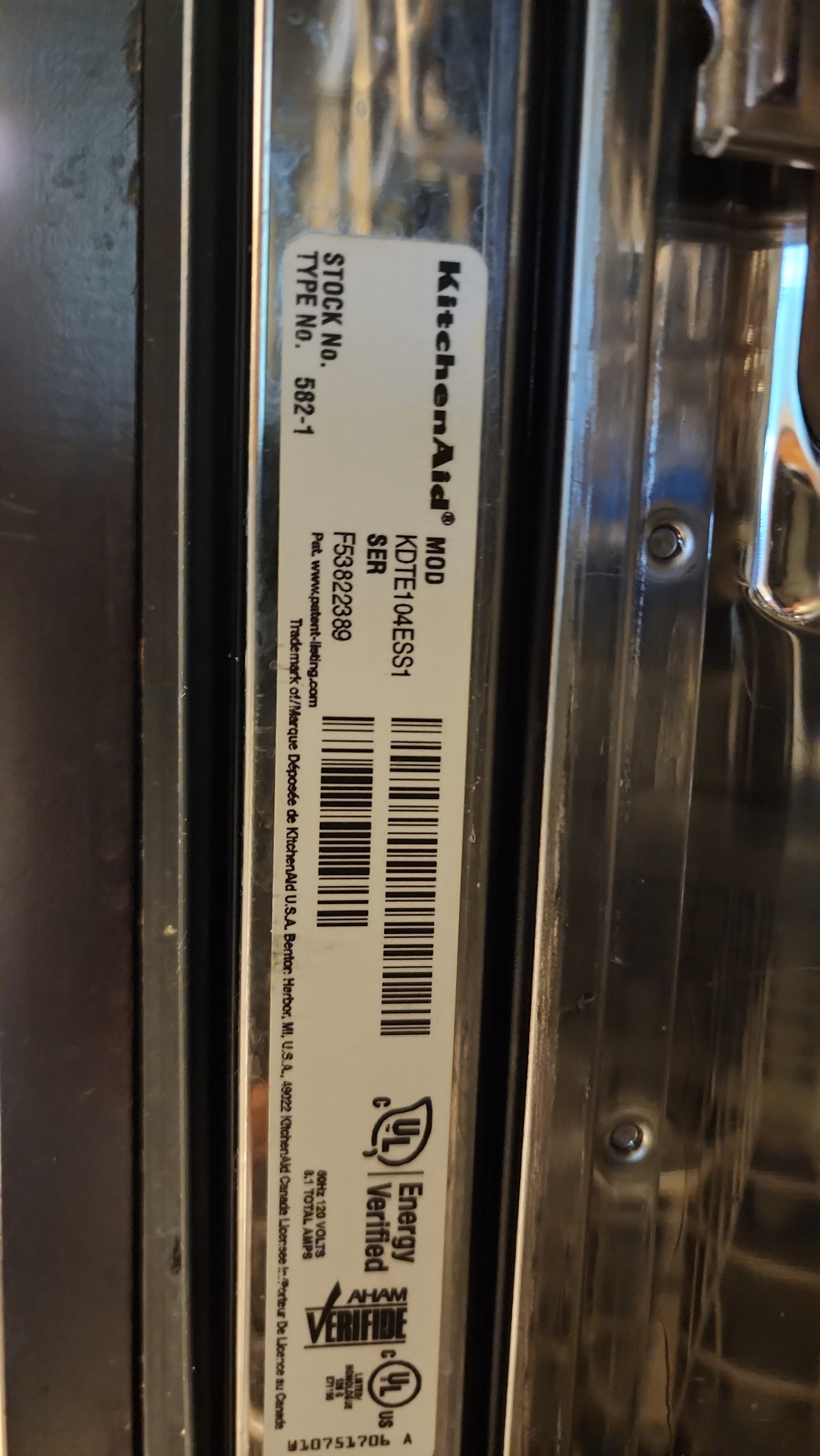 KitchenAid KDTE104ESS1 dishwasher model tag Parkland FL RR0084