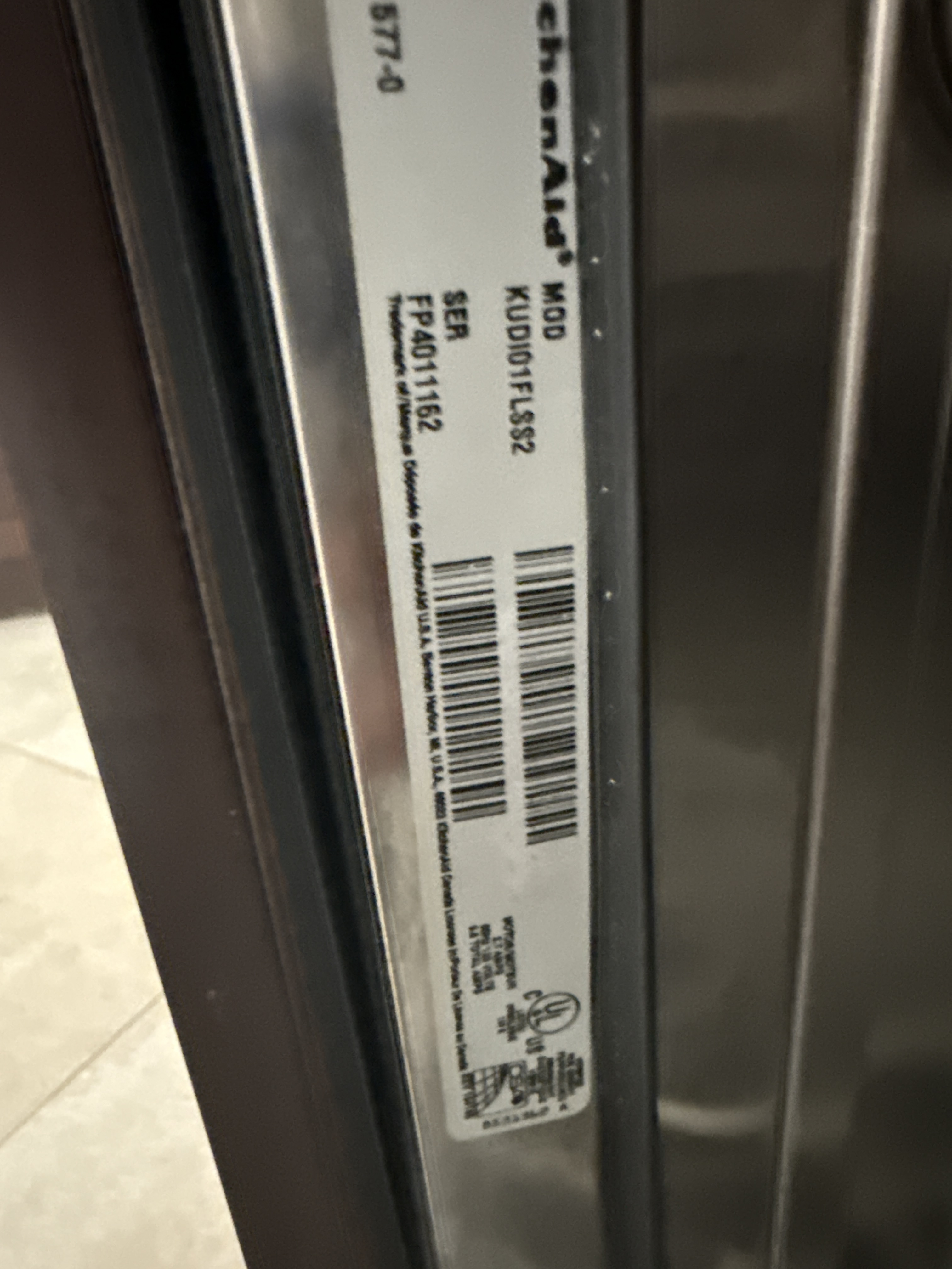 KitchenAid KUDI01FLSS2 dishwasher manufacturer model tag Fort Lauderdale FL RR0112