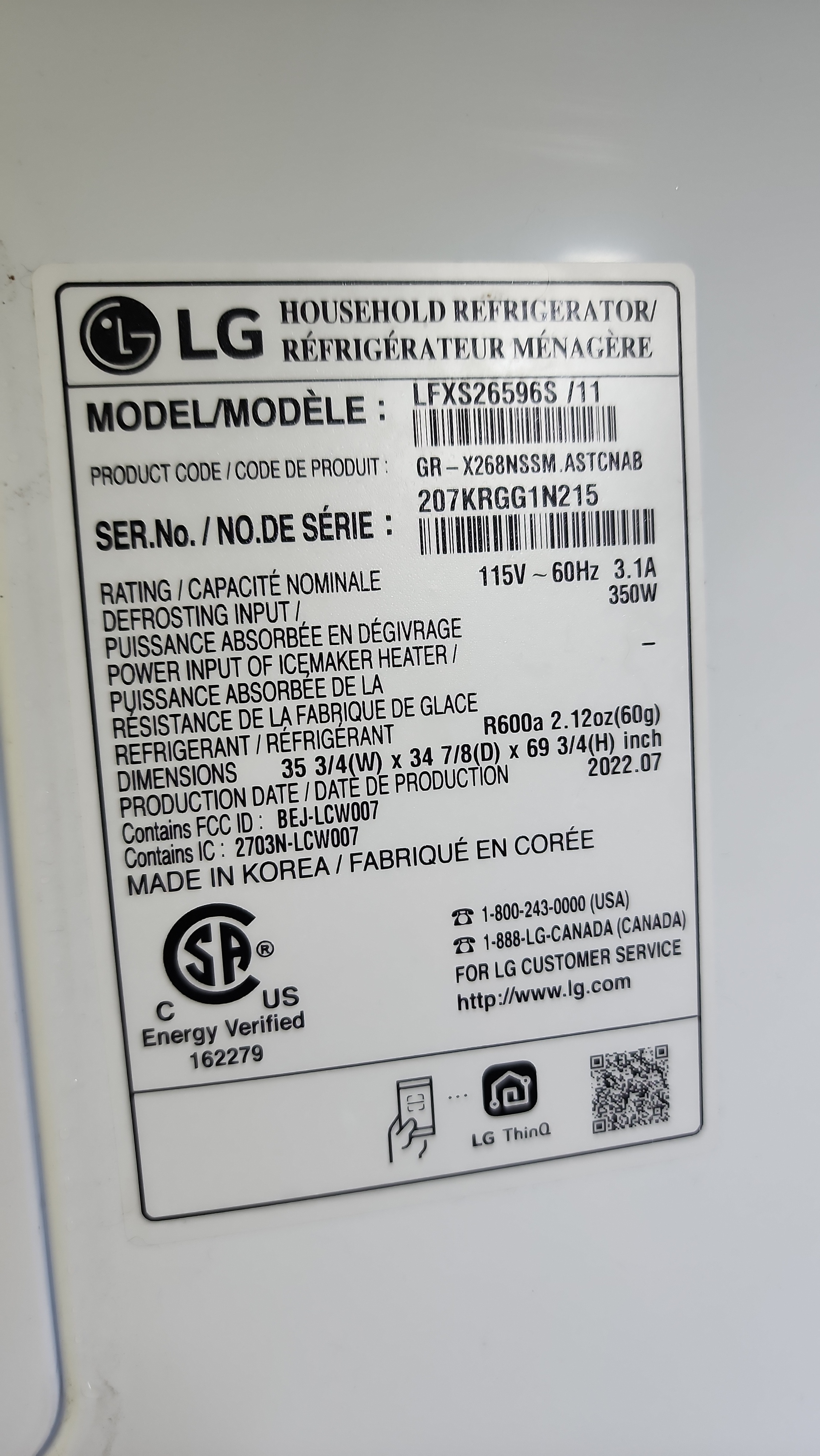 Model information documented during the service visit identifies the refrigerator as LG model LFXS26596S /11.
