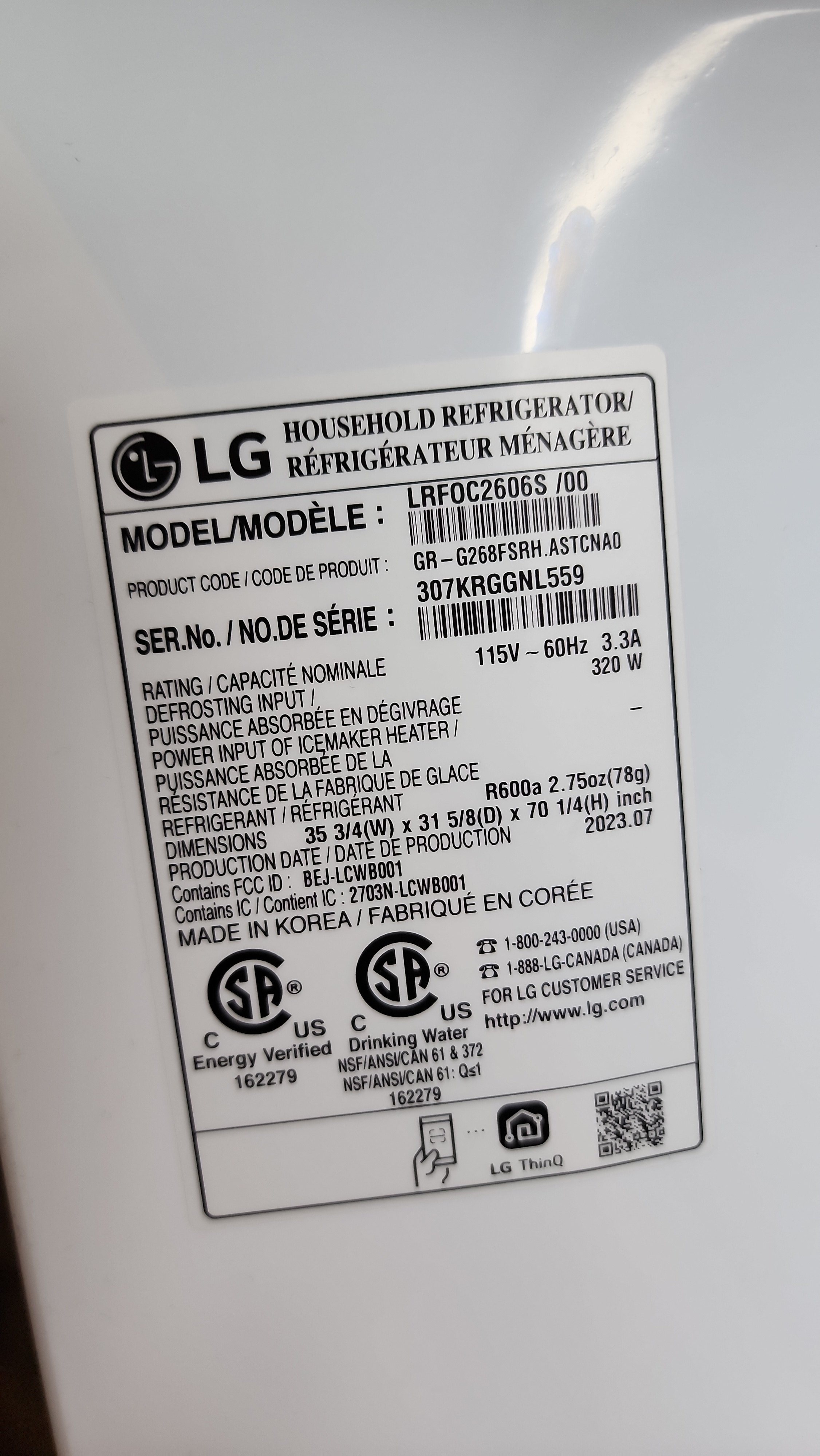 LG refrigerator model LRF0C2606S identification label Margate FL repair.
