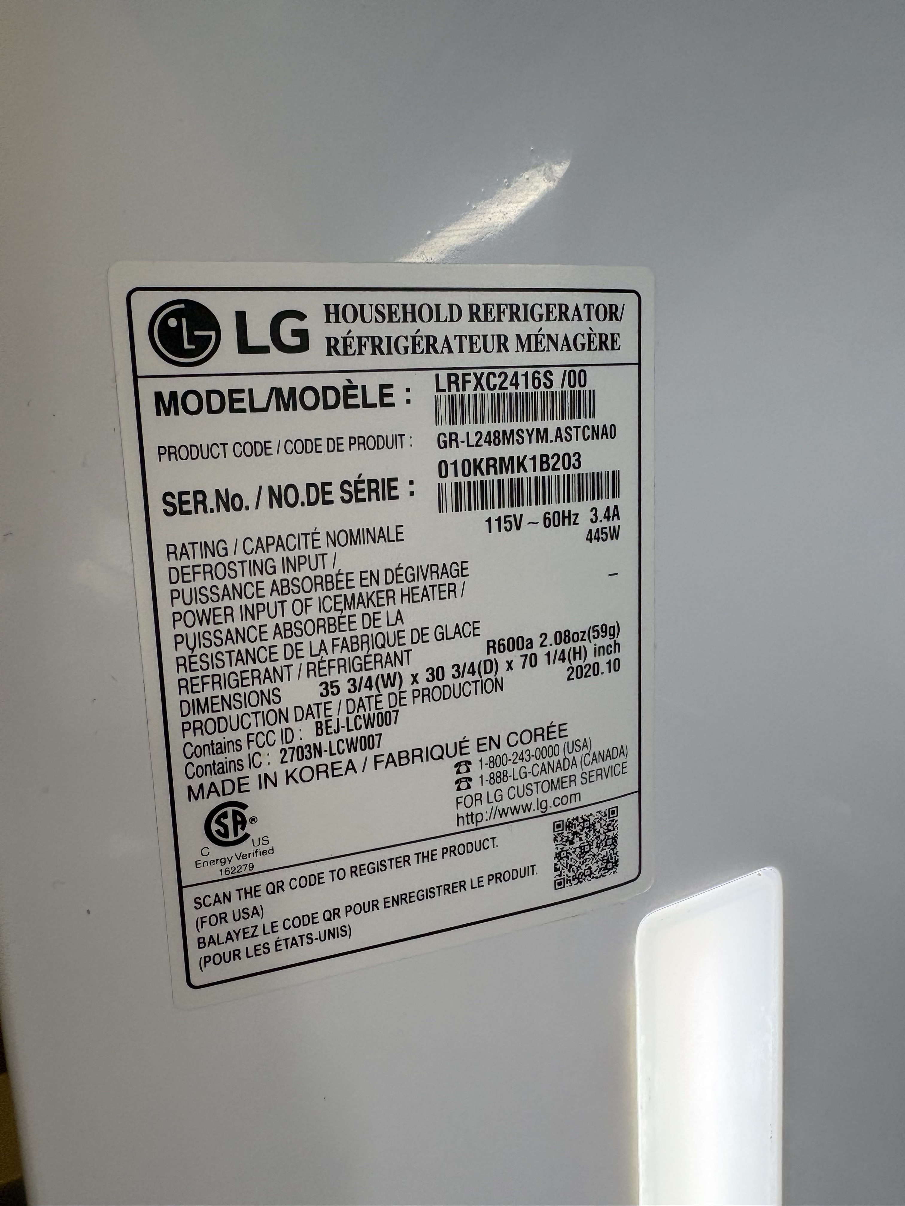 LG LRFXC2416S/00 refrigerator manufacturer model tag Coral Springs FL RR0105